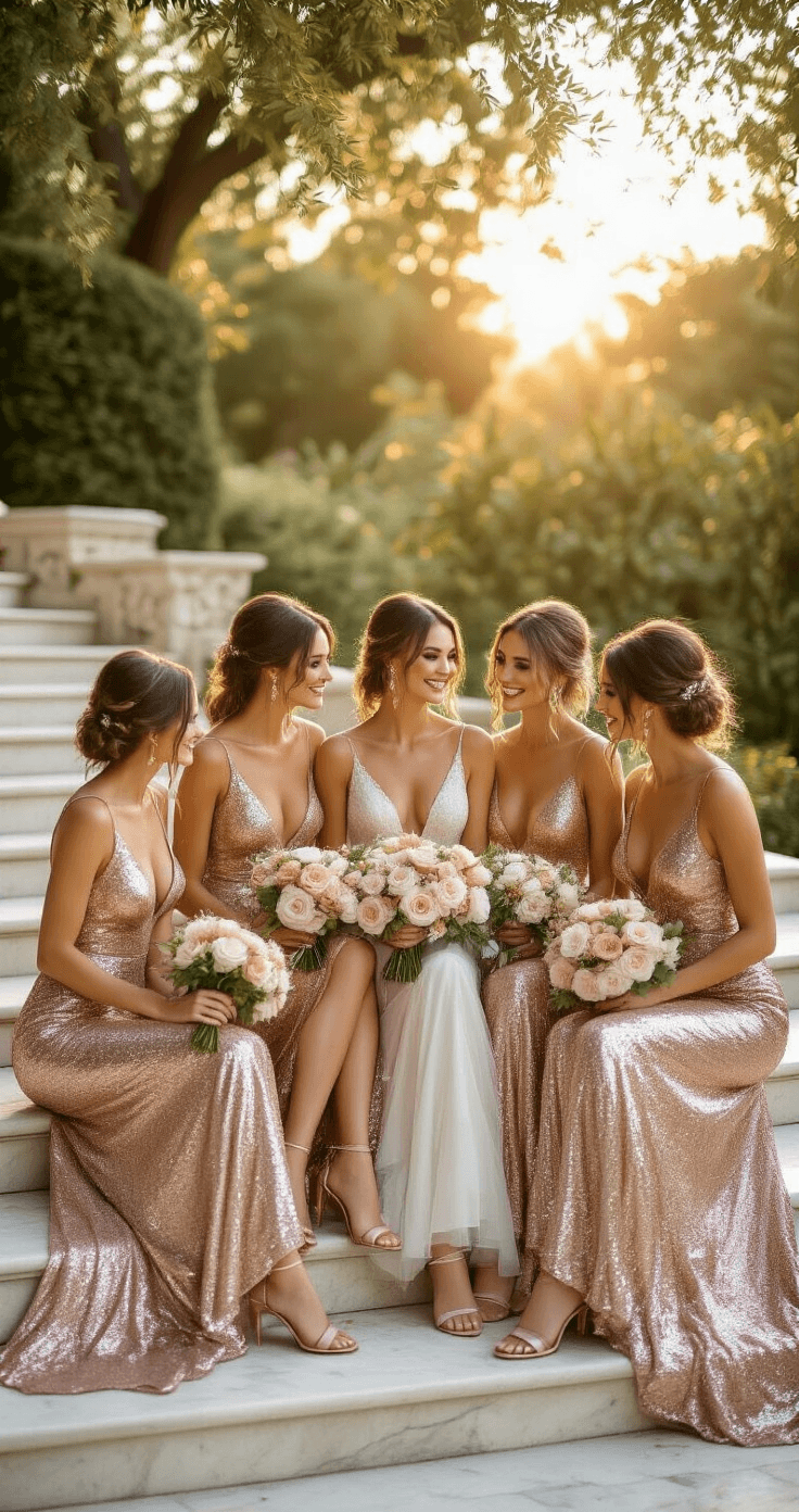 Sequin Bridesmaid Dresses: The Ultimate Guide to Sparkling Style Five bridesmaids in sequin A-line dresses arranged on marble steps in a garden, bathed in golden hour light, with lush greenery and roses, capturing a dreamy atmosphere.
