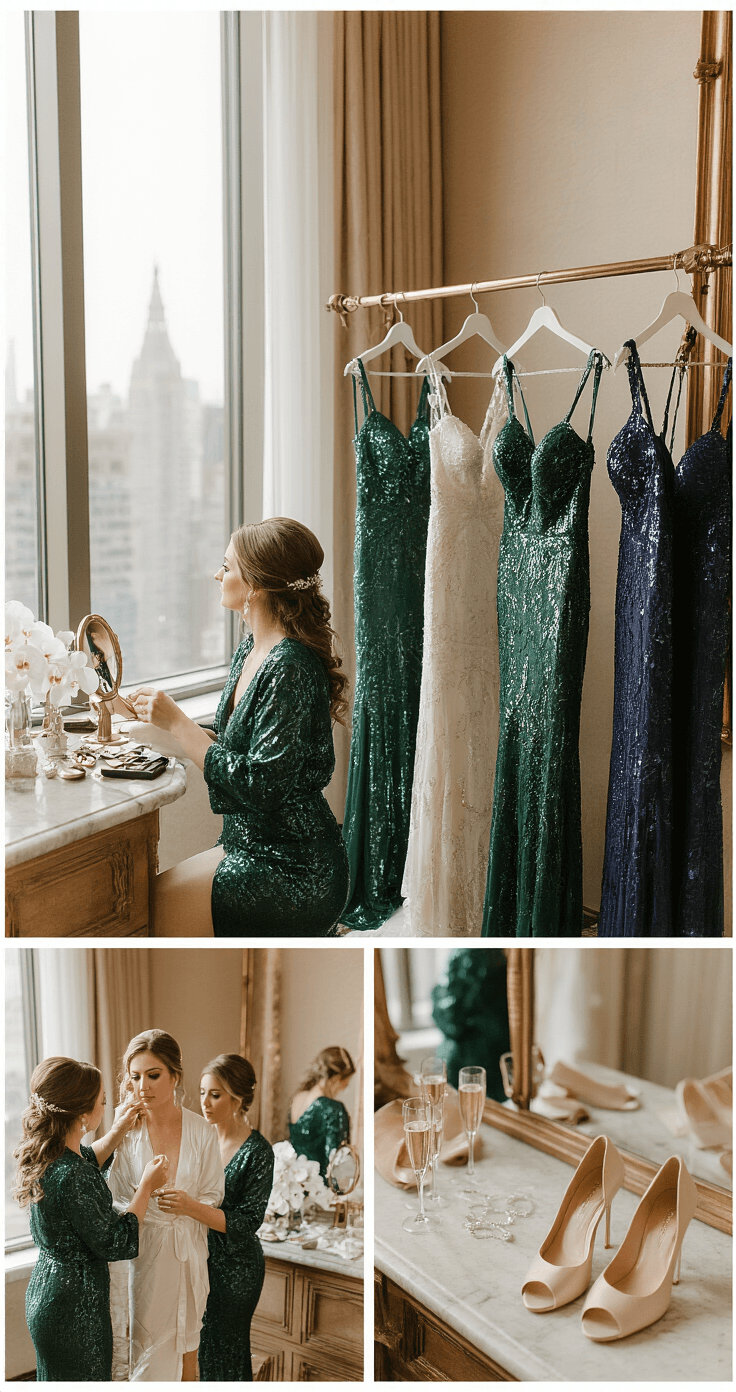 Sequin Bridesmaid Dresses: The Ultimate Guide to Sparkling Style Bride and bridesmaids in a luxurious hotel suite, preparing for an evening wedding. Sequin mermaid gowns hang on a vintage brass rack near tall windows, illuminated by soft morning light. A makeup artist styles hair while delicate silver jewelry sparkles on a marble vanity. Nude pumps are neatly arranged on plush carpet, alongside chiffon robes, fresh white orchids, and champagne glasses. Close-up details capture the textures and sophisticated elegance of the scene.