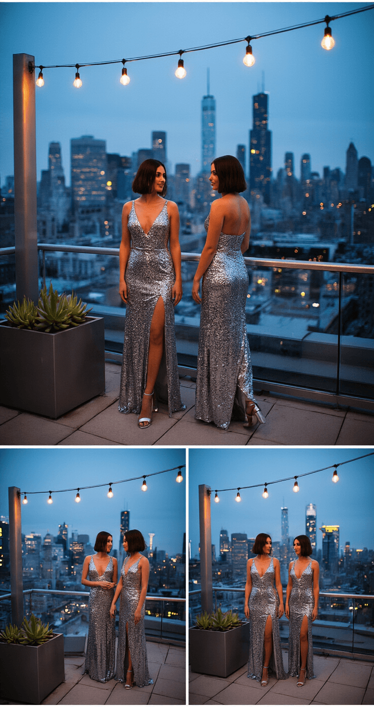 Sequin Bridesmaid Dresses: The Ultimate Guide to Sparkling Style Bridesmaids in sequin sheath dresses enjoy cocktails on a stylish urban rooftop at twilight, surrounded by city lights and modern decor, featuring geometric jewelry and sleek hairstyles amidst potted succulents and contemporary glass railings.