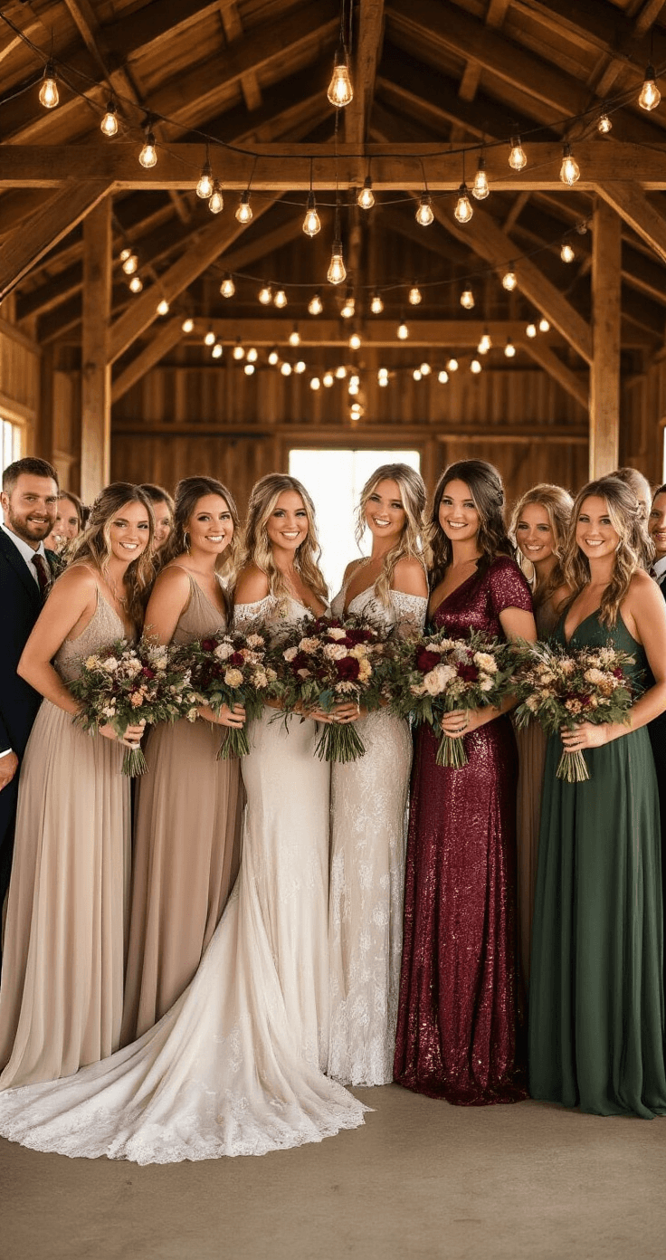 Sequin Bridesmaid Dresses: The Ultimate Guide to Sparkling Style A rustic barn wedding ceremony featuring a mixed-texture bridal party in warm earth tones, half in flutter-sleeve sequin dresses and half in flowing chiffon gowns, illuminated by Edison bulbs. Bridesmaids hold wildflower bouquets, wear brown leather boots, and have bohemian braided hairstyles, surrounded by vintage lace and natural textures.