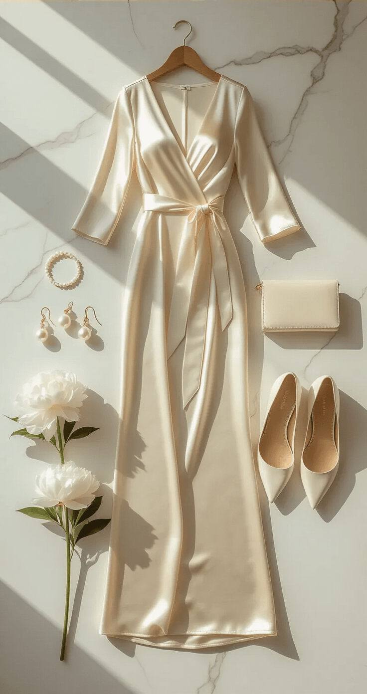 Wrap Bridesmaid Dresses: The Complete Guide to Styling, Tying, and Looking Amazing on Every Body Type A chic minimalist bridal styling flat-lay featuring a champagne ivory satin bridesmaid wrap dress, surrounded by pearl drop earrings, a gold bracelet, ivory satin pumps, a cream leather clutch, and a white peony stem, all arranged on a white marble surface with soft natural lighting.