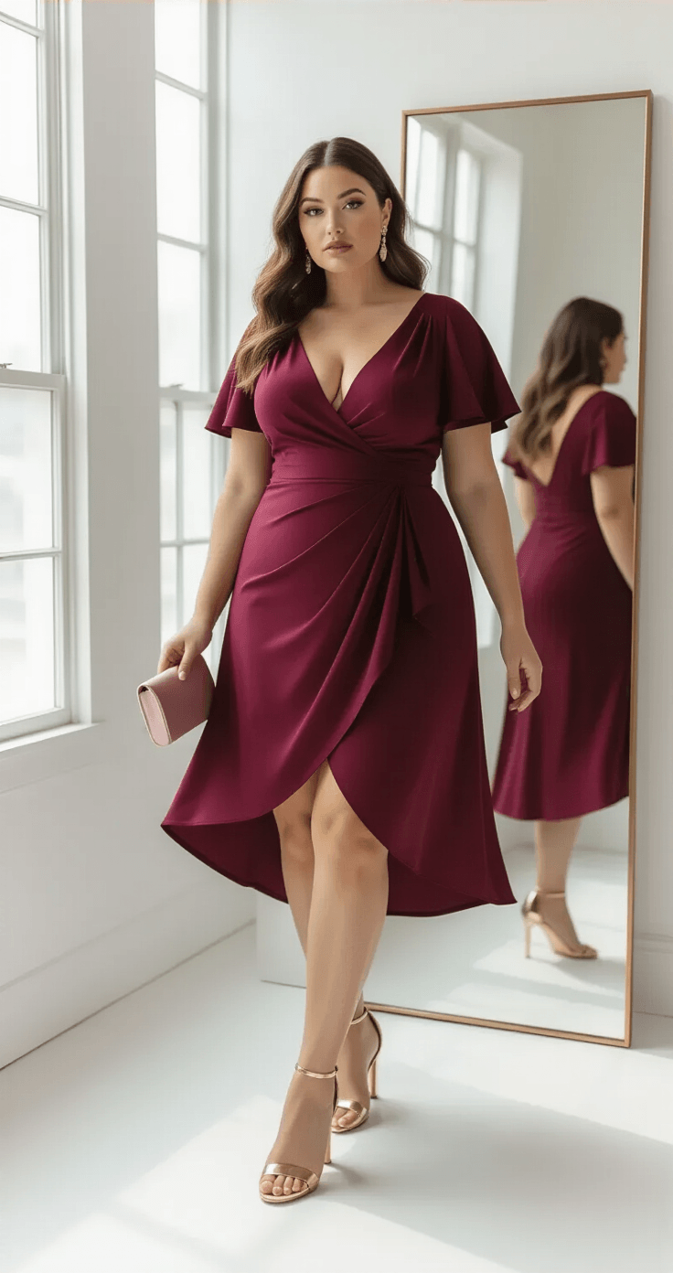 A plus-size woman in a deep burgundy wrap bridesmaid dress poses gracefully in a minimalist white-walled studio, with soft diffused light illuminating her figure. She wears low gold block heels and holds a dusty rose satin clutch, while flutter sleeves add movement. A full-length mirror reflects her silhouette, captured from a slightly below eye-level perspective, embodying a sophisticated and inclusive vibe.
