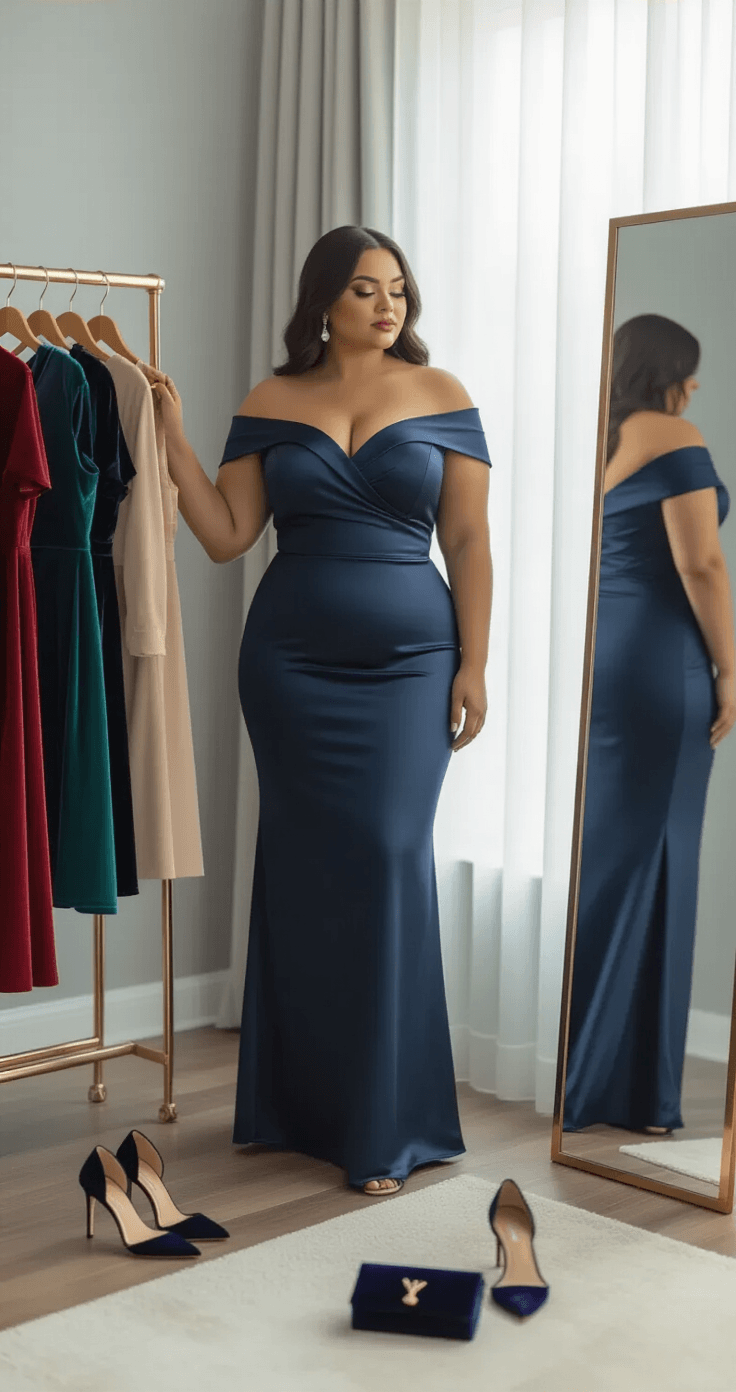 A chic bedroom featuring a plus-size woman in a navy matte satin off-shoulder bridesmaid dress next to a clothing rack of jewel-toned silhouettes, a full-length mirror reflecting the scene, and neatly arranged accessories on a wooden floor, all bathed in soft diffused light from sheer curtains.
