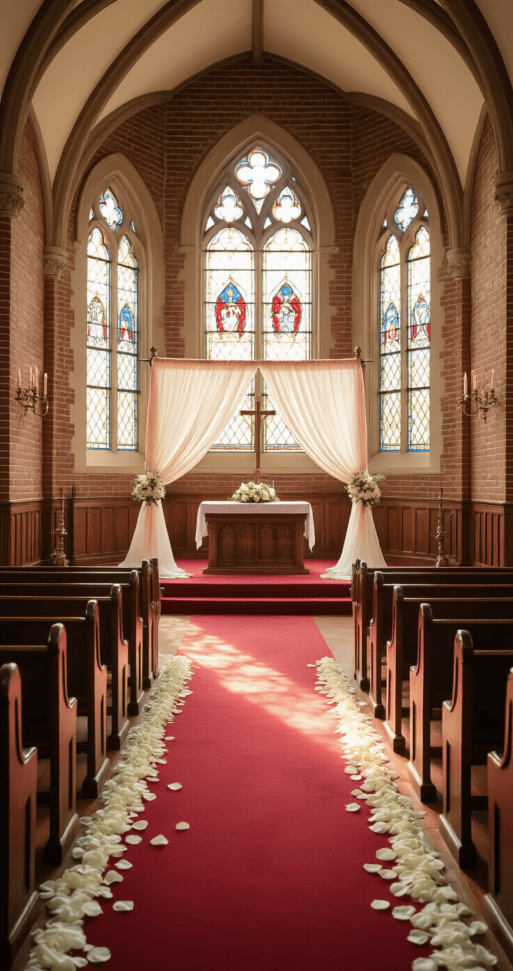 Philadelphia Wedding Chapels: Your Complete Guide to Intimate "I Do" Moments in the City of Brotherly Love Photorealistic interior of an intimate wedding chapel in East Falls, Philadelphia, featuring warm afternoon light, stained glass windows, mahogany pews, an elegantly decorated altar with silk draping and rose petals, gothic brick walls, and flickering candles, captured from the back of the room.