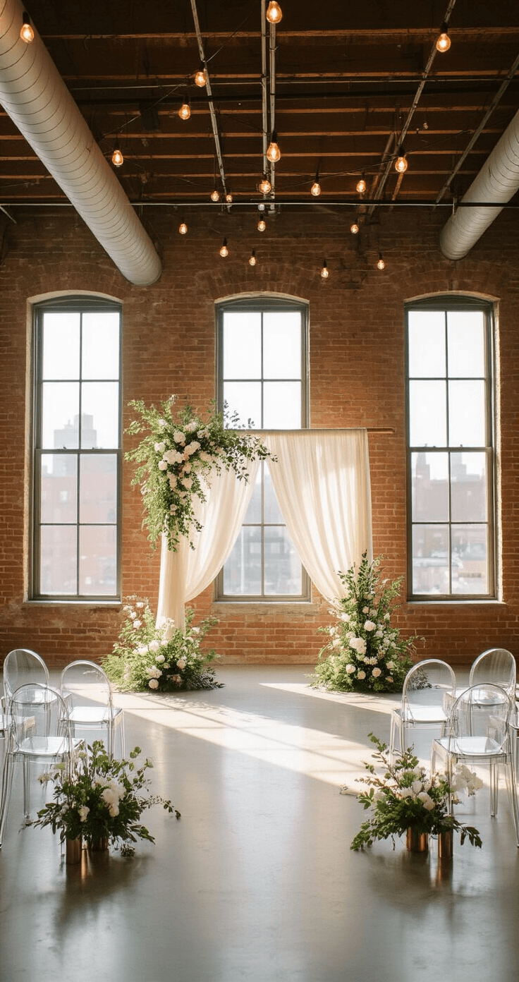 Philadelphia Wedding Chapels: Your Complete Guide to Intimate "I Do" Moments in the City of Brotherly Love A sophisticated elopement setup in Vaux Studio's micro-wedding space, featuring white orchids and eucalyptus in a minimalist altar, modern ghost chairs, and Edison bulb string lights, illuminated by late morning light through industrial windows, with exposed brick walls and polished concrete floors.
