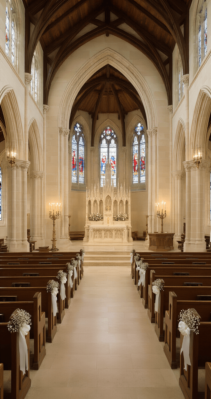 Philadelphia Wedding Chapels: Your Complete Guide to Intimate "I Do" Moments in the City of Brotherly Love An interior view of Washington Memorial Chapel's main sanctuary during a ceremony, featuring vaulted ceilings, Gothic windows, oak pews adorned with white ribbon bows, and a limestone altar highlighted by candlelight and stained glass reflections.