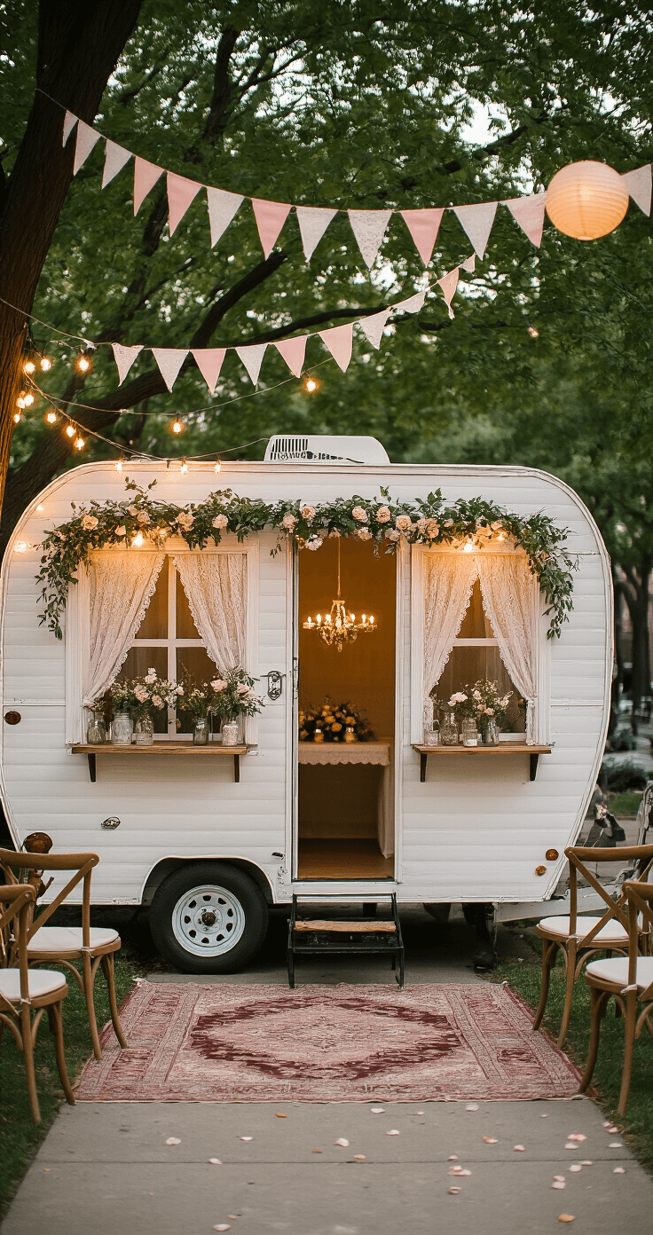 Philadelphia Wedding Chapels: Your Complete Guide to Intimate "I Do" Moments in the City of Brotherly Love A charming mobile wedding chapel on wheels in a tree-lined Philadelphia neighborhood, decorated with white and blush pink bunting, vintage lace curtains, and a rustic altar adorned with wildflowers, illuminated by string lights and paper lanterns during golden hour. A small seating area with mismatched vintage chairs on a Persian rug adds to the casual elegance of the scene.
