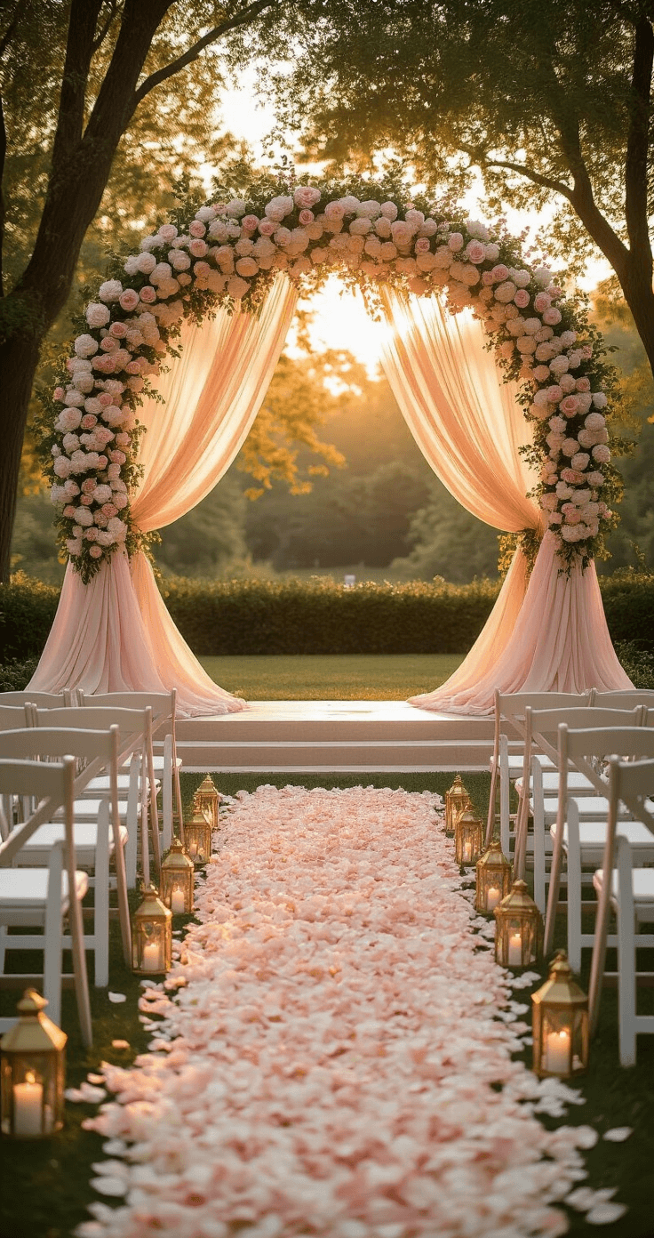 Pink and Gold Wedding Decor That'll Make Your Heart Skip a Beat (And Your Pinterest Followers Swoon) Photorealistic wide-angle shot of an elegant outdoor wedding ceremony at golden hour, featuring a blush pink and gold arch backdrop, ivory Chiavari chairs arranged along a petal-scattered aisle, and a circular arch draped in chiffon with floral arrangements, all illuminated by warm sunlight.