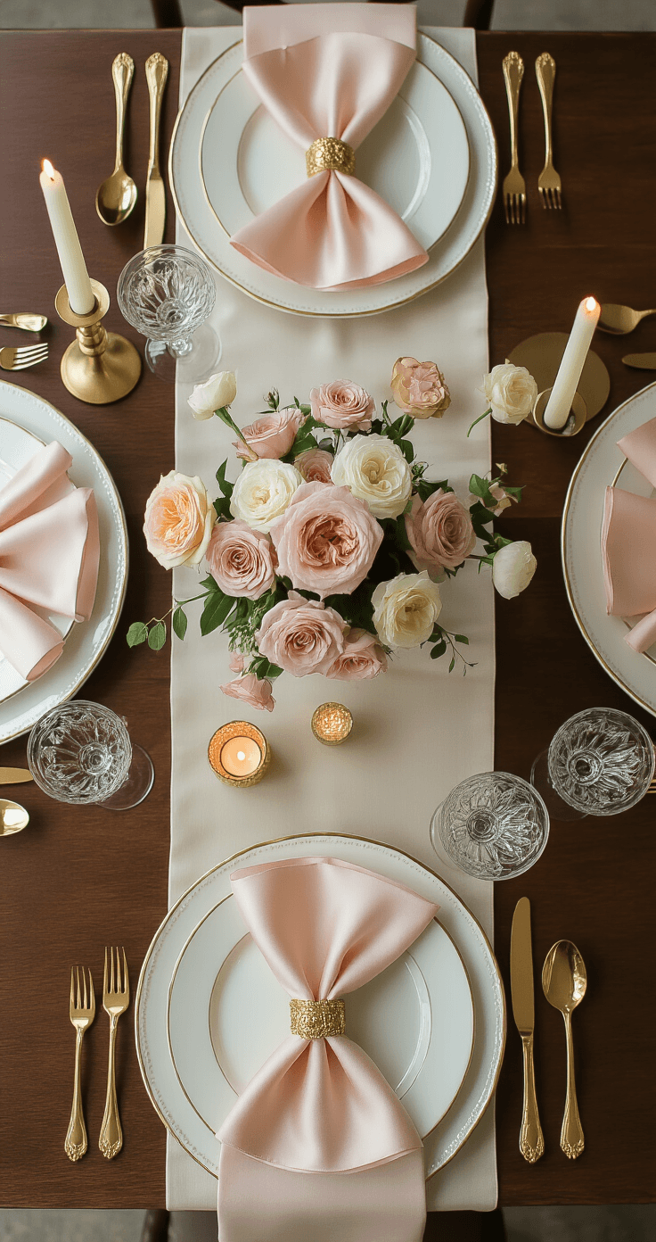 Pink and Gold Wedding Decor That'll Make Your Heart Skip a Beat (And Your Pinterest Followers Swoon) Overhead view of an elegant wedding tablescape featuring a mahogany farm table with an ivory silk runner, blush pink napkins in gold rings, white porcelain chargers with gold rims, rose gold flatware, crystal stemware, gold candlesticks with ivory candles, and low arrangements of dusty rose garden roses in gold bowls, complemented by calligraphy menu cards and scattered gold votive candles and rose petals.