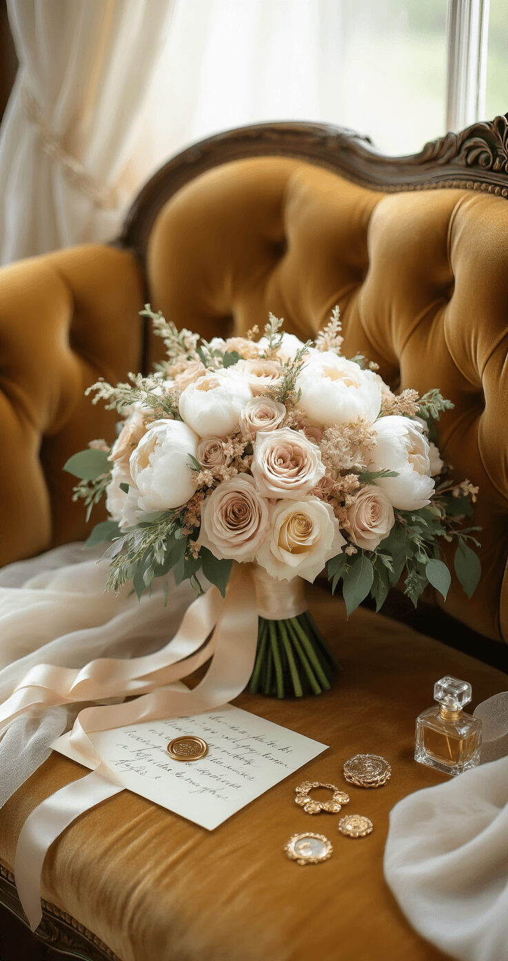Pink and Gold Wedding Decor That'll Make Your Heart Skip a Beat (And Your Pinterest Followers Swoon) Close-up of a bridal bouquet with blush garden roses, white peonies, and dusty miller on a vintage gold velvet settee, bathed in soft morning light. Surrounding elements include vintage jewelry, a calligraphy love letter with a gold wax seal, and a crystal perfume bottle, creating an ethereal and romantic atmosphere.