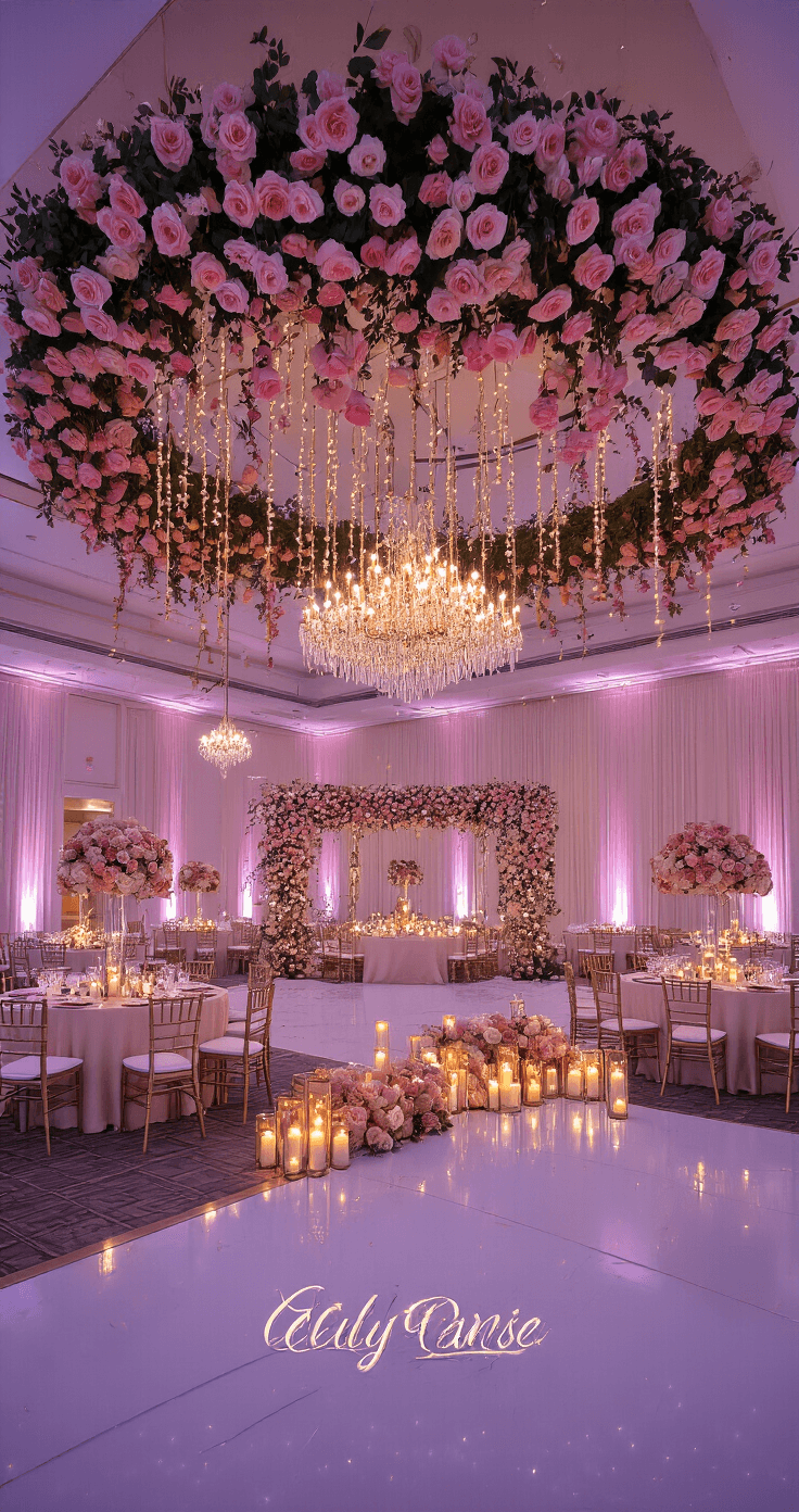 Pink and Gold Wedding Decor That'll Make Your Heart Skip a Beat (And Your Pinterest Followers Swoon) A grand ballroom reception elegantly set with round tables dressed in ivory and blush pink linens, gold Chiavari chairs, and a stunning sweetheart table adorned with cascading pink floral installations. Crystal chandeliers and gold votive candles cast warm light, while soft pink uplighting washes the walls, creating an intimate atmosphere during blue hour. The wide-angle shot captures the room’s grandeur from a balcony viewpoint, highlighting the interplay of warm candlelight and cool evening light.