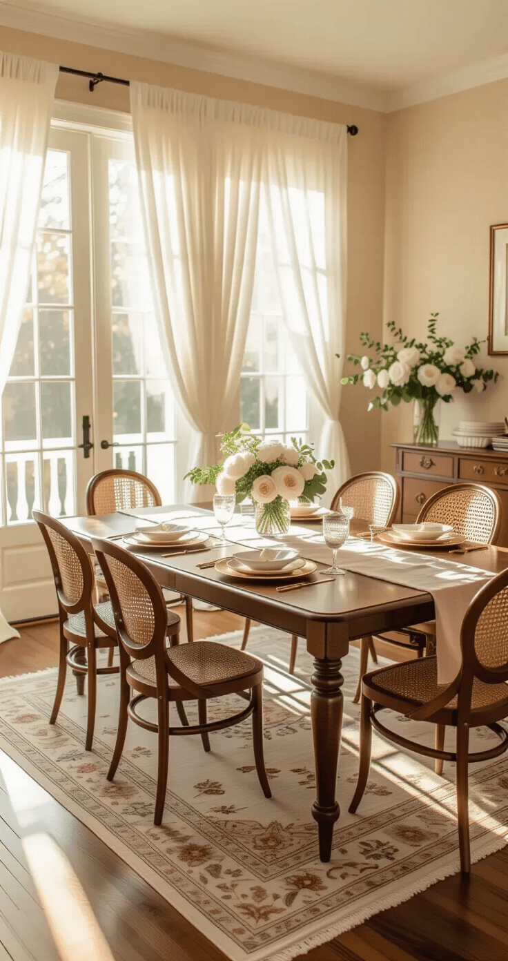 Planning the Perfect Bridal Shower: Your Complete Step-by-Step Guide Elegant home dining room set for a bridal shower, featuring warm afternoon sunlight streaming through sheer curtains, a mahogany table with a blush pink runner and gold charger plates, mismatched vintage chairs, cream walls, hardwood floors with a Persian rug, fresh flowers in mercury glass vases, and delicate string lights, all creating an inviting atmosphere.