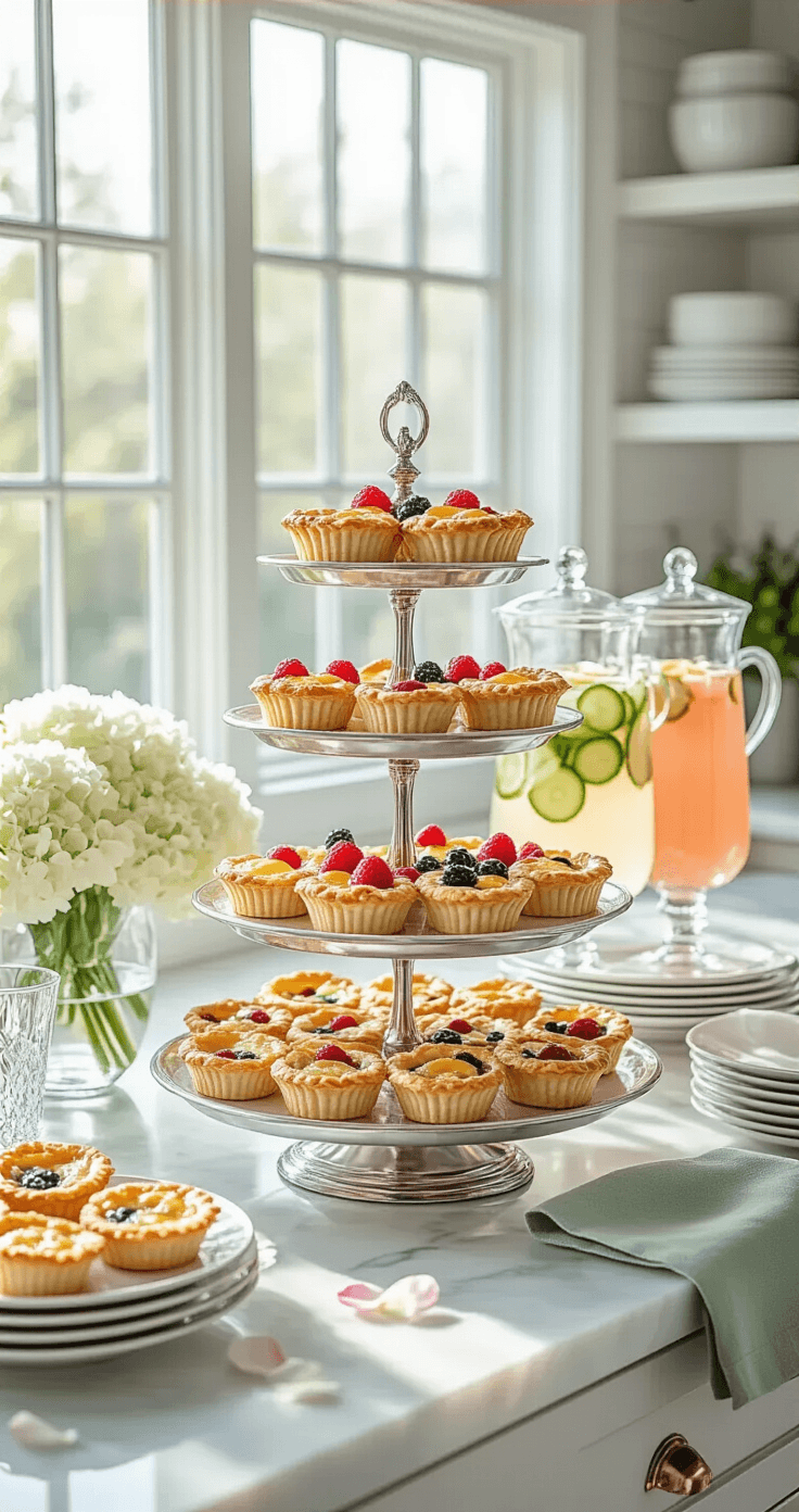 Planning the Perfect Bridal Shower: Your Complete Step-by-Step Guide Close-up shot of a lavish brunch spread on a marble kitchen island, featuring tiered silver stands with mini quiches, berry tartlets, and finger sandwiches, surrounded by crystal beverage dispensers with pink mimosas, fine china, and fresh hydrangeas, all under bright morning light.