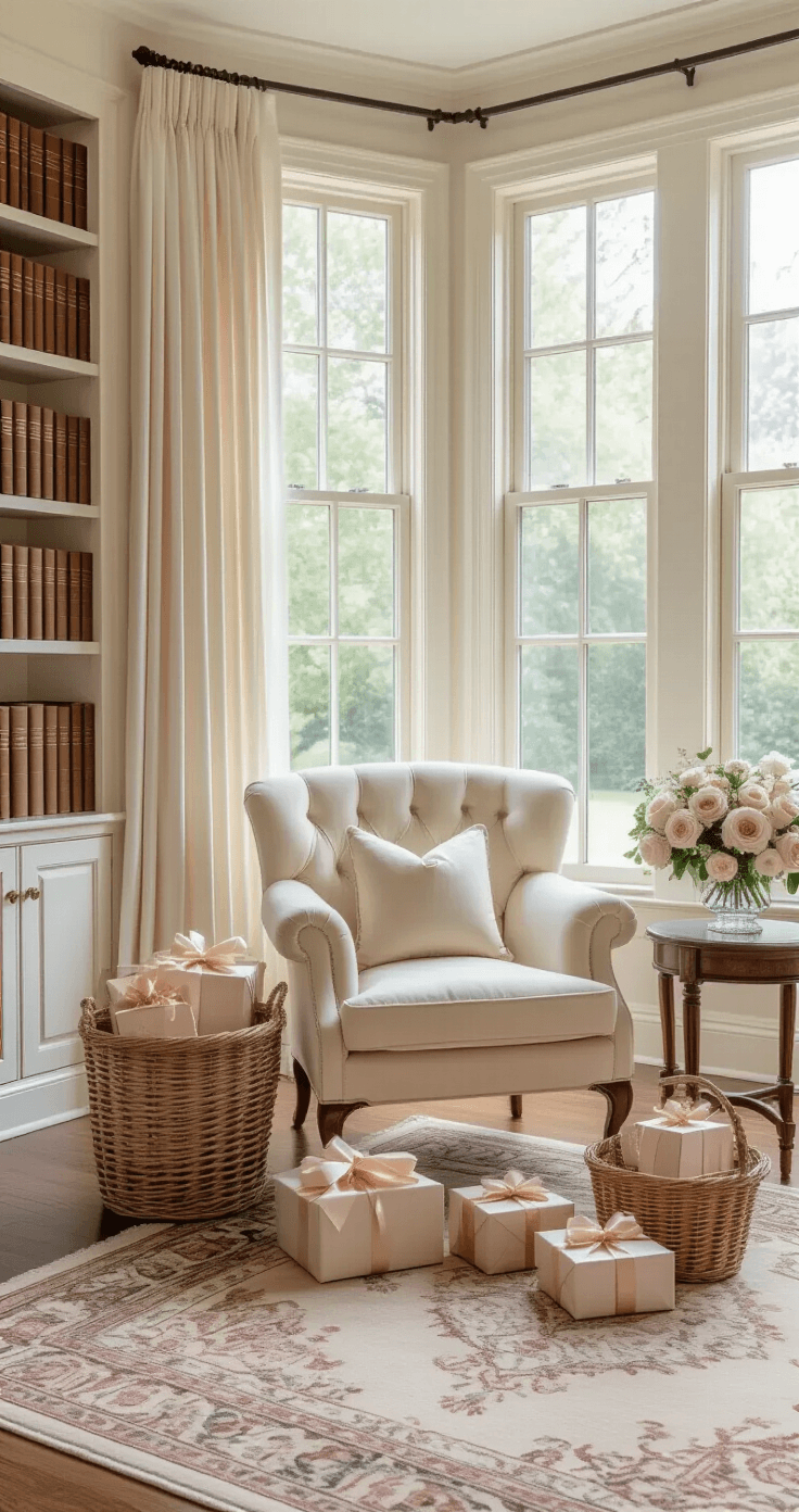 Planning the Perfect Bridal Shower: Your Complete Step-by-Step Guide Medium shot of an elegant living room gift opening area featuring a cream velvet armchair, wicker baskets with beautifully wrapped gifts, and fresh roses in crystal vases, all bathed in soft morning light through ivory curtains.