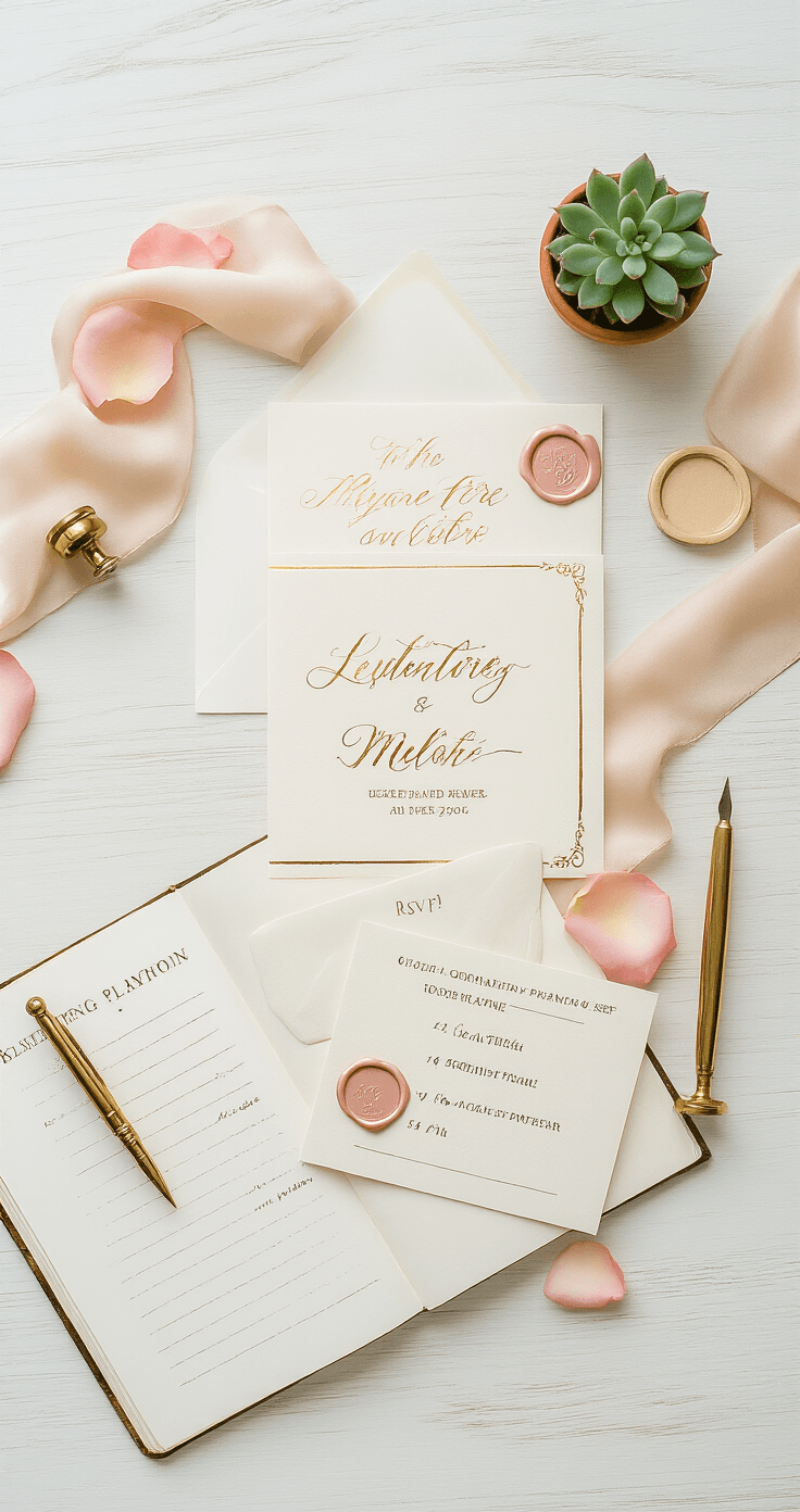 Planning the Perfect Bridal Shower: Your Complete Step-by-Step Guide Overhead view of an elegant wedding invitation suite featuring cream cardstock invitations with gold foil calligraphy, matching RSVP cards, and tissue paper inserts, arranged on a white lacquered desk alongside blush pink wax seal stamps, silk ribbon samples, a wedding planning notebook with a handwritten timeline and gold pen, a small succulent in a terra cotta pot, marble desk accessories, scattered rose petals, and a vintage brass letter opener, all captured in bright diffused lighting.