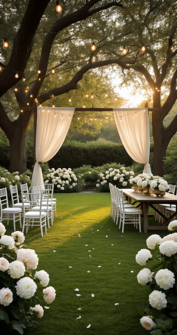 How I Planned the Perfect Surprise Wedding: A Complete Guide to Shocking Your Guests (In the Best Way) Photorealistic backyard garden setup at golden hour featuring manicured lawn, oak trees, hydrangea bushes, elegant Chiavari chairs, vintage farm table with floral arrangements, string lights, and rose petal aisle, all creating a romantic atmosphere.