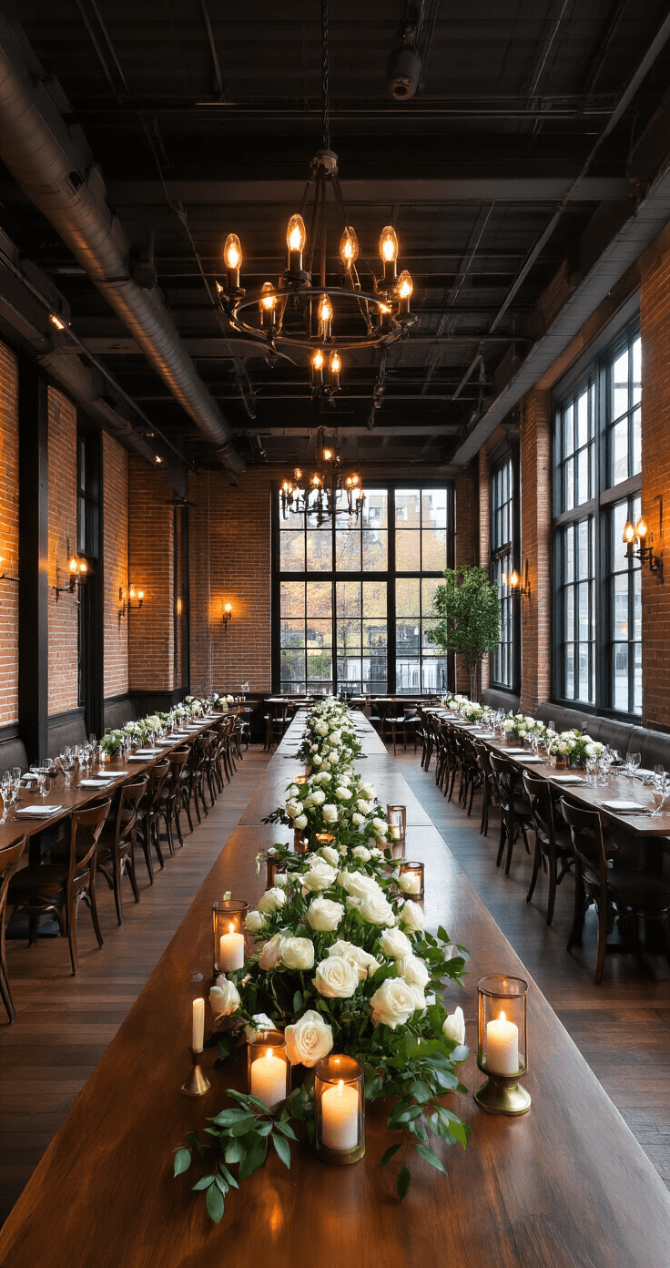 How I Planned the Perfect Surprise Wedding: A Complete Guide to Shocking Your Guests (In the Best Way) Photorealistic image of an upscale restaurant's private dining room featuring exposed brick walls, dark hardwood floors, and industrial-chic beams, arranged for an elegant cocktail party atmosphere with mahogany tables, lush centerpieces, and warm ambient lighting.