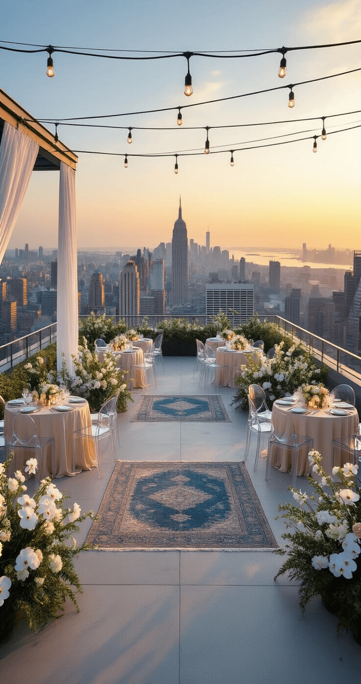 How I Planned the Perfect Surprise Wedding: A Complete Guide to Shocking Your Guests (In the Best Way) Photorealistic view of a rooftop venue at sunset, showcasing a 50x40 foot terrace with city skyline, modern ghost chairs, cocktail tables with champagne linens, dramatic floral installations, and market lights overhead, creating an intimate and romantic atmosphere.