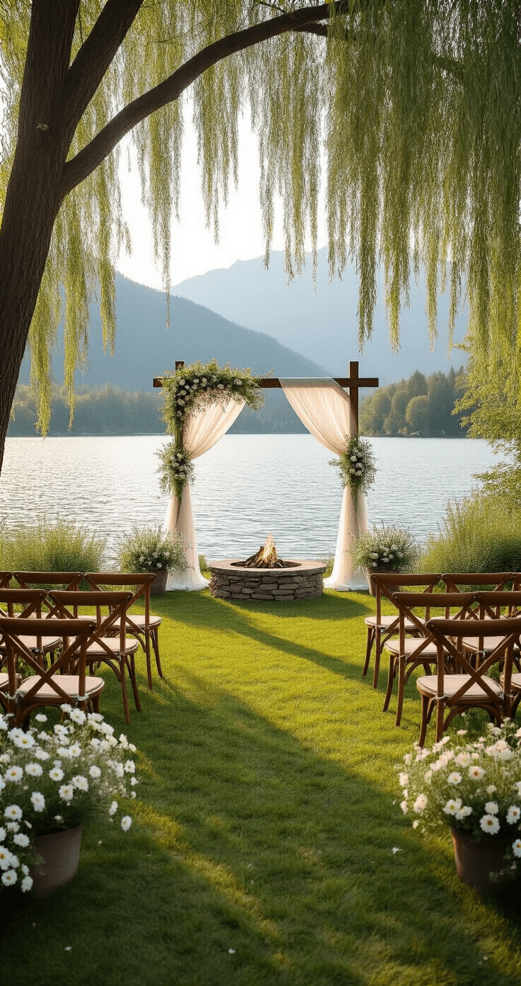 How I Planned the Perfect Surprise Wedding: A Complete Guide to Shocking Your Guests (In the Best Way) Photorealistic lakefront garden venue at 4:30 PM, featuring a manicured lawn sloping to a pristine lake, draped willow trees with white tulle and roses, wooden cross-back chairs in semicircle, wildflower welcome table, rustic lanterns along a path, and a cozy fire pit area.