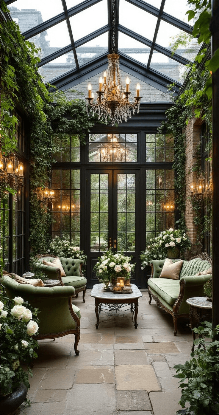 How I Planned the Perfect Surprise Wedding: A Complete Guide to Shocking Your Guests (In the Best Way) A photorealistic image of a luxurious indoor-outdoor conservatory at dusk, featuring soaring ceilings, vintage furniture, abundant floral arrangements, and warm lighting, seamlessly blending elegant indoor decor with an inviting outdoor garden view.