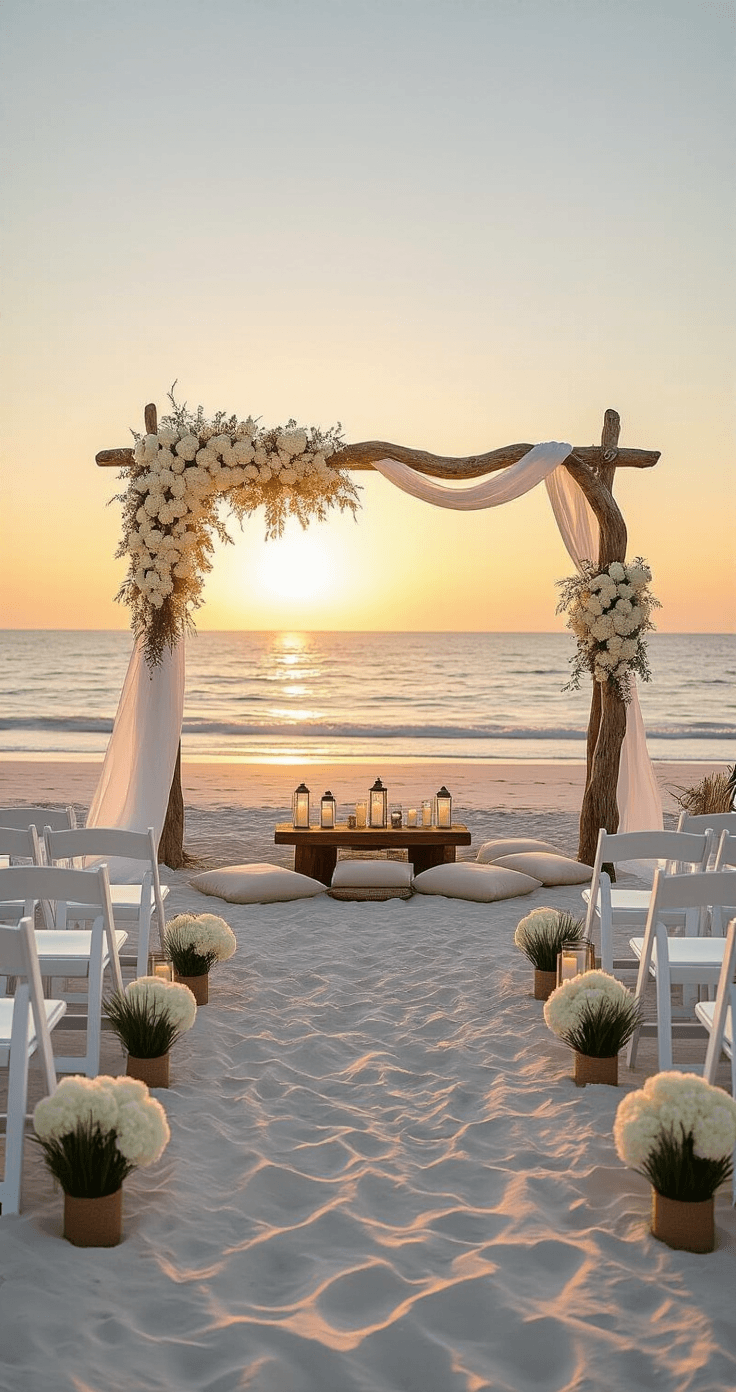 How I Planned the Perfect Surprise Wedding: A Complete Guide to Shocking Your Guests (In the Best Way) Photorealistic beach wedding setup at sunset featuring a driftwood arch adorned with white fabric and hydrangeas, rows of white folding chairs with lanterns, a vintage welcome table with coral accents, market umbrellas for shade, and a cozy fire pit surrounded by cushions, all bathed in warm, golden lighting.