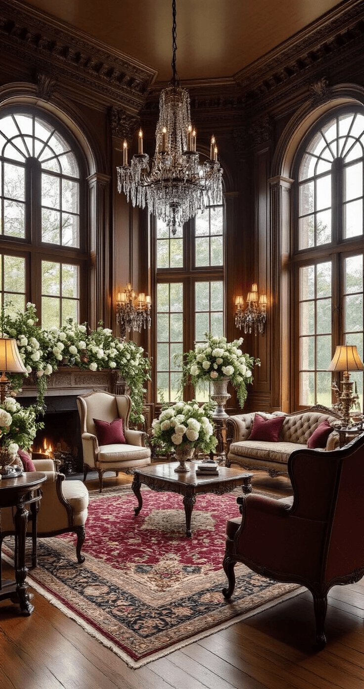How I Planned the Perfect Surprise Wedding: A Complete Guide to Shocking Your Guests (In the Best Way) Photorealistic image of a grand historic mansion parlor with high ceilings, original hardwood floors, and ornate crown molding, featuring antique furniture, floral arrangements, and warm lighting, perfect for an intimate wedding ceremony.