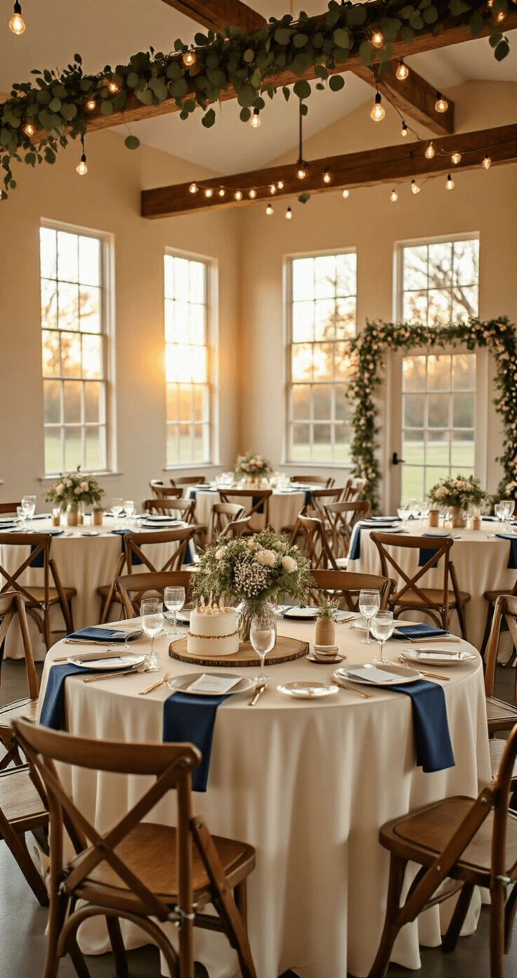 How I Planned My Dream Wedding in Just 3 Months (And You Can Too!) Wide angle shot of a warm, rustic-elegant reception space with large windows, exposed wooden beams, round tables draped in champagne linens, and simple white decorations.