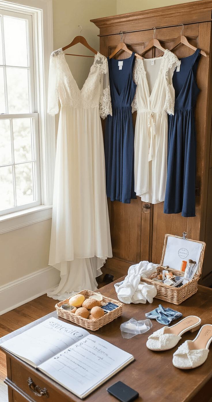 How I Planned My Dream Wedding in Just 3 Months (And You Can Too!) A serene bridal getting-ready scene in a sunlit bedroom showcasing an elegant ivory gown on a vintage wooden door, alongside a well-organized antique dresser with a bridal emergency kit, navy blue bridesmaids dresses, an open wedding planner, and cozy essentials, all accentuated by fresh eucalyptus sprigs and a calming atmosphere.