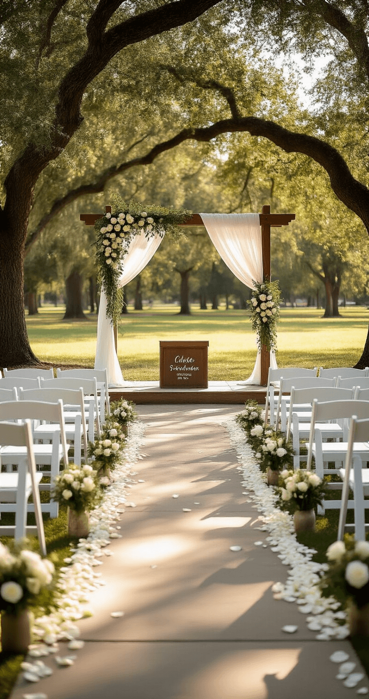 How I Planned My Dream Wedding in Just 3 Months (And You Can Too!) Close-up of a ceremony setup in a park pavilion, featuring white folding chairs, a rustic wooden arch with flowing fabric and floral decorations, scattered rose petals on the floor, and dappled sunlight filtering through oak trees.