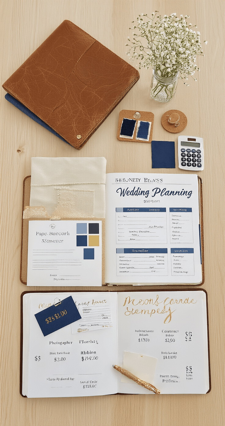 How I Planned My Dream Wedding in Just 3 Months (And You Can Too!) Overhead shot of a light oak dining table organized for wedding planning, featuring a leather-bound wedding organizer with vendor checklists, timeline charts, budget sheets, navy and gold color palette samples, vendor business cards, a calculator with handwritten budget notes, DIY centerpiece examples, wedding rings in a velvet box, colored pens, sticky notes, and a laptop with venue photos, all illuminated by natural morning light.