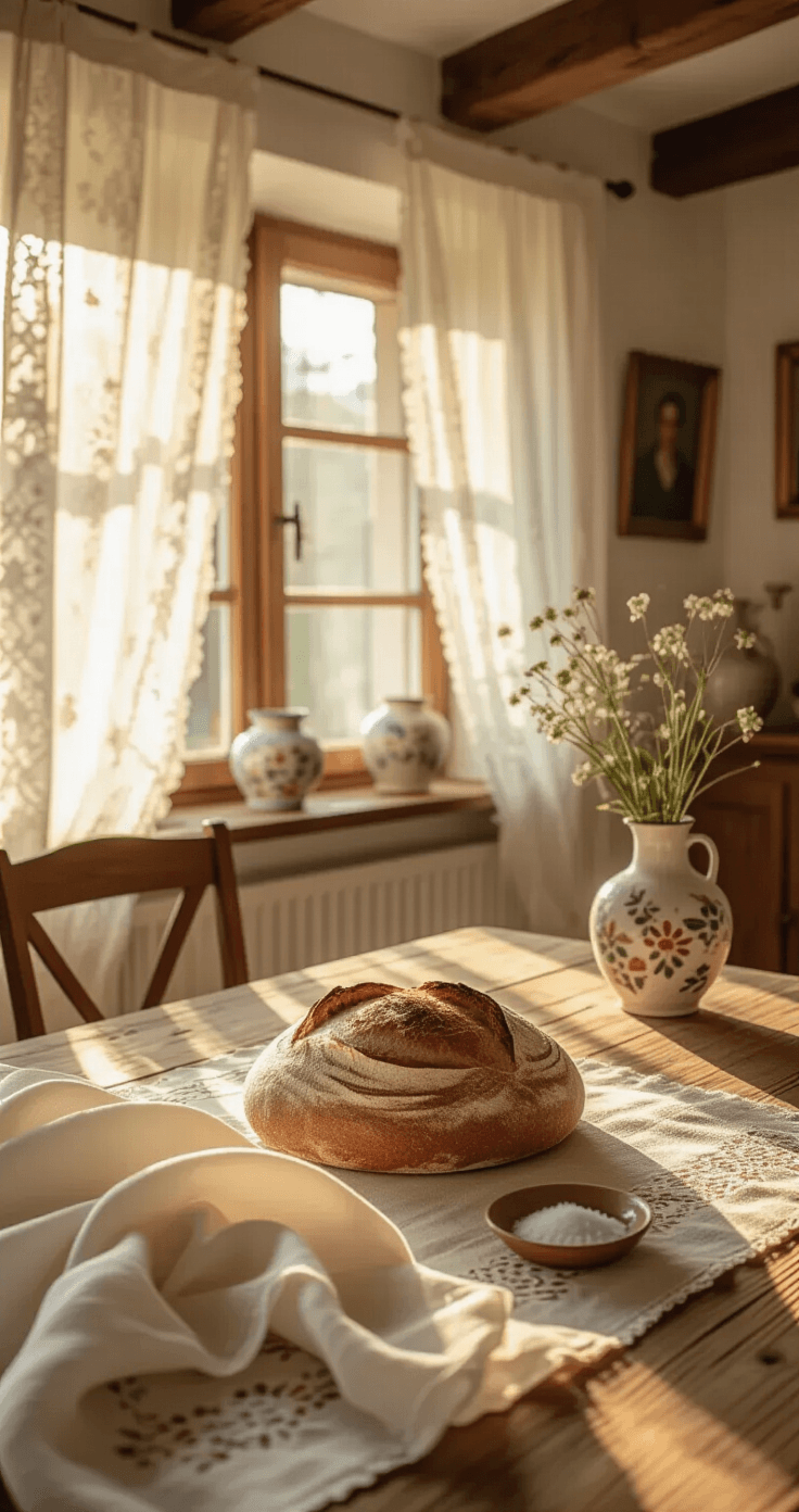 Polish Wedding Traditions: Everything You Need to Know Before You RSVP A warmly lit Polish family living room at golden hour, featuring a rustic oak dining table with an uncut sourdough loaf on embroidered linen, flanked by a silk scarf and a small dish of salt. The room has exposed wooden beams, whitewashed walls with folk art, and a floral ceramic vase. Softly blurred family portraits are on a sideboard, with candlelight enhancing the intimate atmosphere.