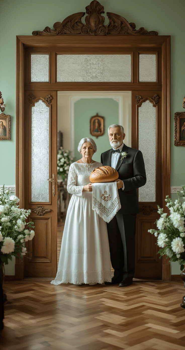 Polish Wedding Traditions: Everything You Need to Know Before You RSVP A traditional Polish family entryway bathed in soft morning light, featuring a silver-haired couple in formal attire holding a decorative bread loaf on a ceremonial towel. The scene includes herringbone parquet flooring, pale sage walls with ornate crown molding, religious iconography, and fresh white flowers, all imbued with a reverent and emotionally charged atmosphere.