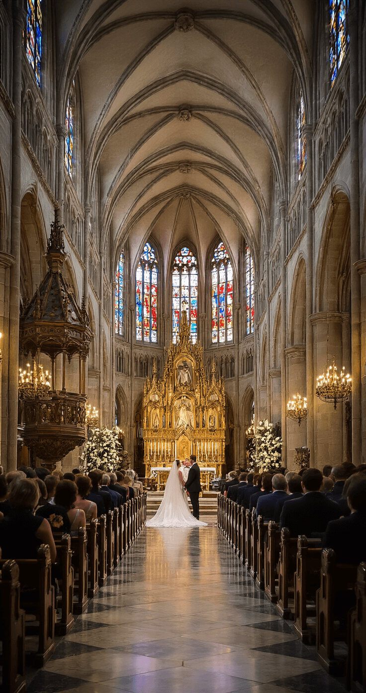 Polish Wedding Traditions: Everything You Need to Know Before You RSVP Interior of a grand Polish Catholic church during a ceremony, showcasing soaring vaulted ceilings, vibrant stained glass light casting colors on polished marble floors, and elegantly dressed guests in wooden pews, with a beautifully adorned altar and a couple exchanging vows amid candlelight.