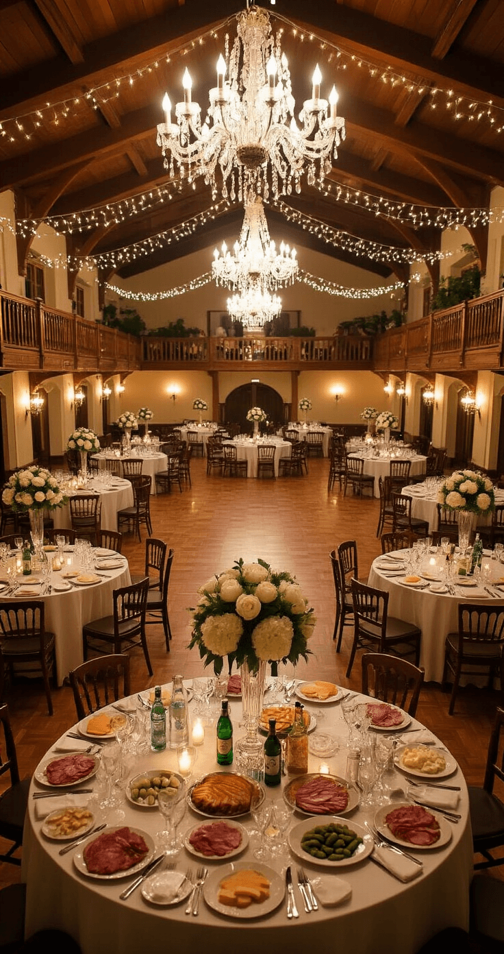 Polish Wedding Traditions: Everything You Need to Know Before You RSVP A beautifully decorated Polish wedding reception hall at golden hour, featuring round tables with ivory damask linens, white peony centerpieces in crystal vases, and an empty parquet dance floor. Overhead crystal chandeliers and string lights cast a warm glow throughout the room, filled with vodka bottles and elaborate cold buffet platters.