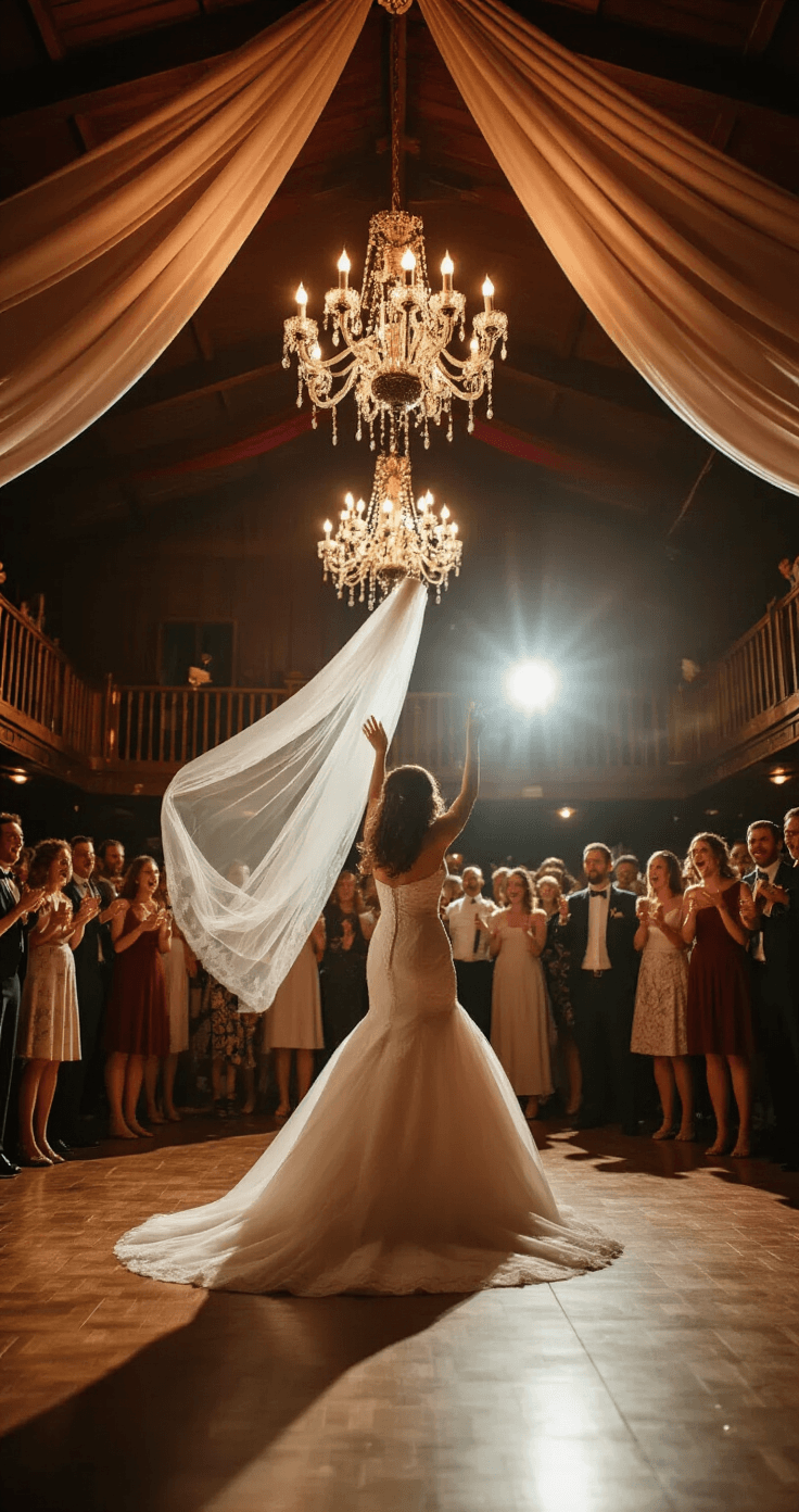 Polish Wedding Traditions: Everything You Need to Know Before You RSVP A lively Polish wedding reception scene during oczepiny celebrations, featuring a bride in an ivory gown tossing her veil into the air, illuminated by warm gold and soft rose uplighting. The dance floor is filled with joyful guests in motion, with dramatic dark wood and burgundy decor, captured from a low angle against a chandelier backdrop.