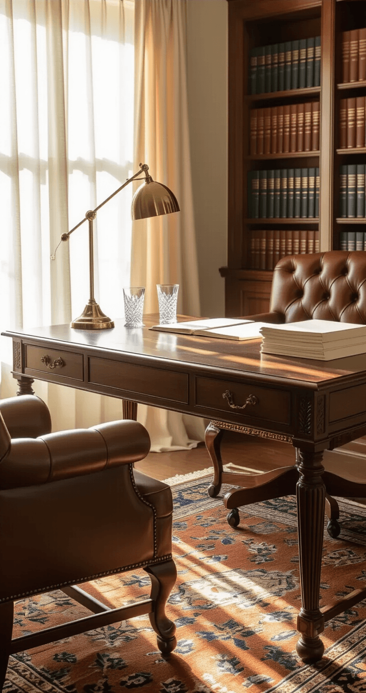 Prenuptial Agreement: The Honest Truth About Pros, Cons, and Whether You Actually Need One A sunlit legal consultation home office featuring a weathered oak partners desk with legal documents and a brass lamp, surrounded by cognac leather Chesterfield chairs and built-in walnut bookshelves filled with law volumes, all set on a Persian rug in muted terracotta and navy.