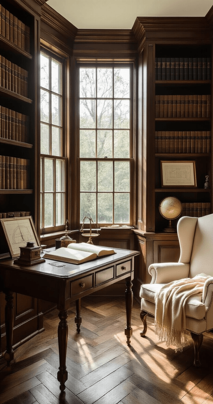 Prenuptial Agreement: The Honest Truth About Pros, Cons, and Whether You Actually Need One A refined home library study featuring a vintage mahogany writing desk with an open leather-bound journal and scattered papers, illuminated by soft late-afternoon light, surrounded by floor-to-ceiling dark walnut bookshelves, a cream linen wingback chair, and rich colors of ivory, mahogany, and hunter green.