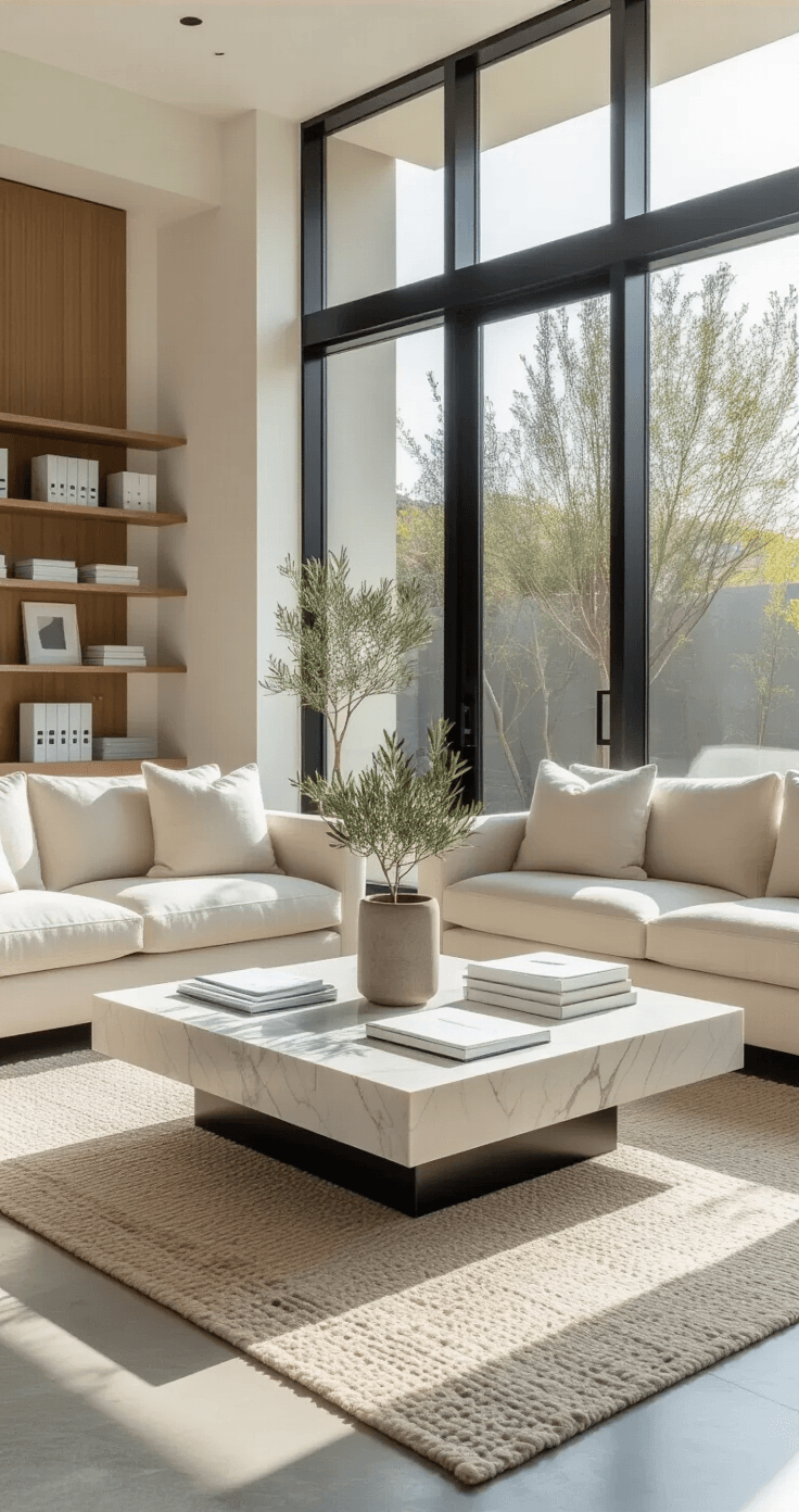 Prenuptial Agreement: The Honest Truth About Pros, Cons, and Whether You Actually Need One A bright, modern minimalist living room with two ivory linen sofas, a marble coffee table holding organized financial documents, and sleek decor in a space filled with natural light from floor-to-ceiling windows.