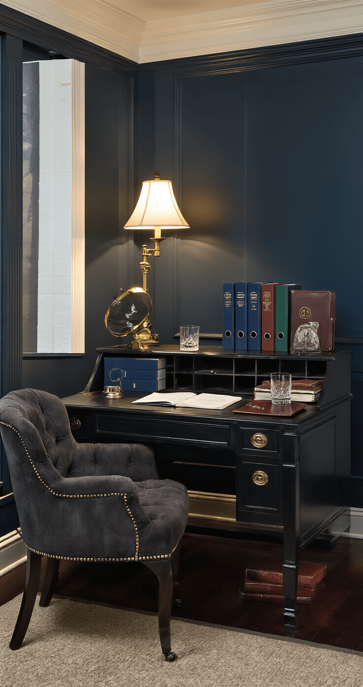 Prenuptial Agreement: The Honest Truth About Pros, Cons, and Whether You Actually Need One Sophisticated home study corner with a black lacquered writing desk, organized legal document folders, a vintage brass magnifying glass, and a crystal whiskey glass, illuminated by a single antique brass banker's lamp in a moody atmosphere.