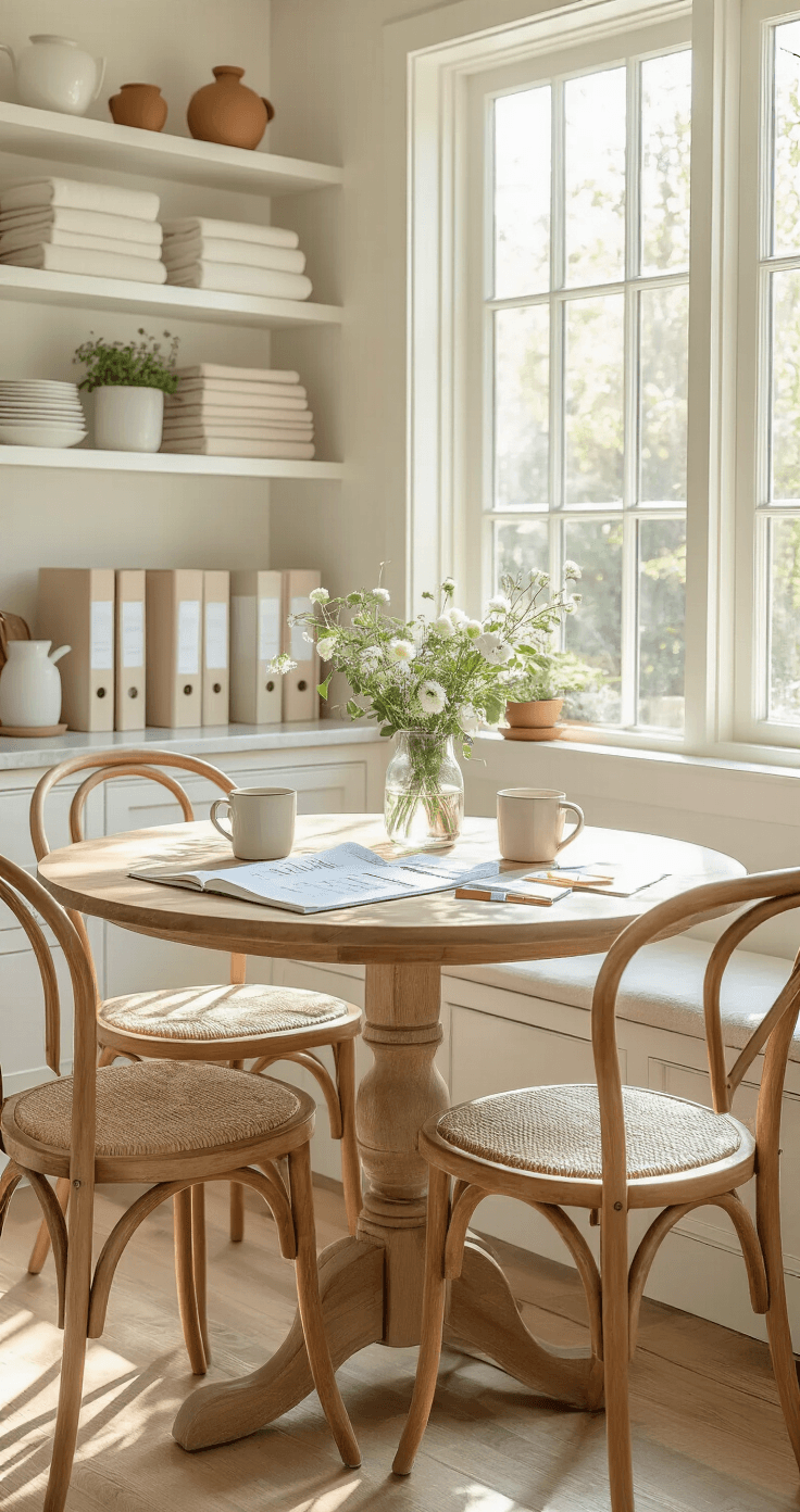 Prenuptial Agreement: The Honest Truth About Pros, Cons, and Whether You Actually Need One A bright, airy kitchen dining nook with a round reclaimed pine table set for two, featuring ceramic mugs, a budgeting workbook, and fresh flowers, all bathed in warm morning light.