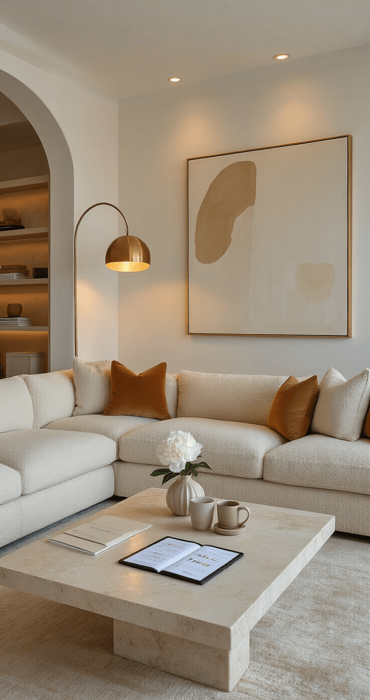 Prenuptial Agreement: The Honest Truth About Pros, Cons, and Whether You Actually Need One A warm contemporary living room with a large L-shaped oatmeal boucle sectional, travertine coffee table displaying personal finance materials, and a statement brass floor lamp. A large abstract canvas hangs on the wall, and shelves with curated decor frame the fireplace. The scene conveys a collaborative atmosphere for financial planning.