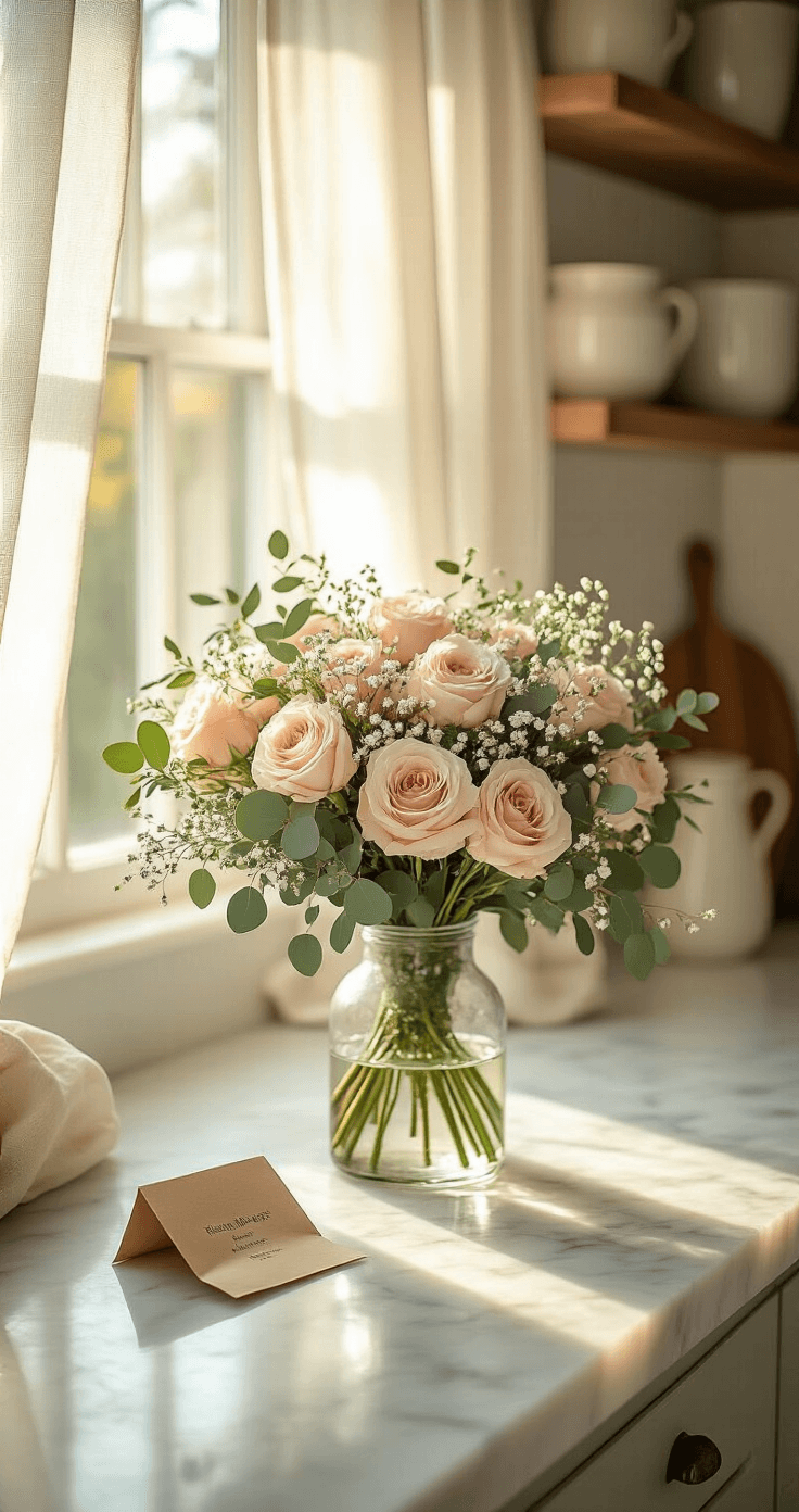 A farmhouse kitchen counter at golden hour, featuring a clear glass vase with a freshly trimmed wedding bouquet of blush garden roses, eucalyptus, and baby's breath. The warm afternoon light streams through sheer curtains, illuminating a cool white marble countertop with grey veining. A kraft paper packet of flower food rests beside the vase, while soft-focus open shelving with ceramic vessels is visible in the blurred background. The scene conveys a tender mood with warm ivory and sage green touches.