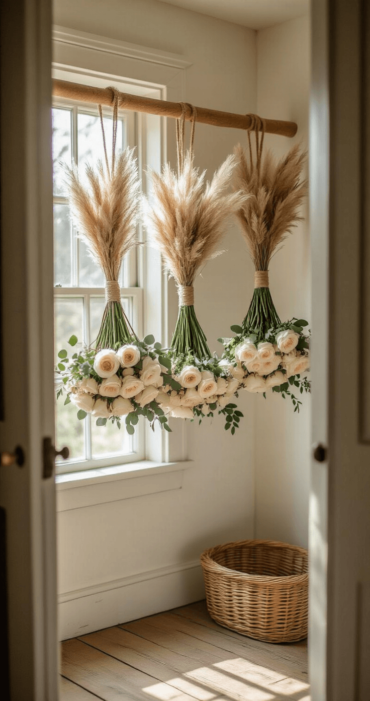 A sunlit spare bedroom closet with slightly ajar doors, showcasing three bridal bouquets hanging upside down from a wooden rod. The bouquets, featuring ivory roses, dried pampas grass, and eucalyptus, are tied with jute twine. Dusty white walls and aged wooden floorboards complement a shallow wicker basket below to catch petals, creating a romantic and rustic atmosphere.