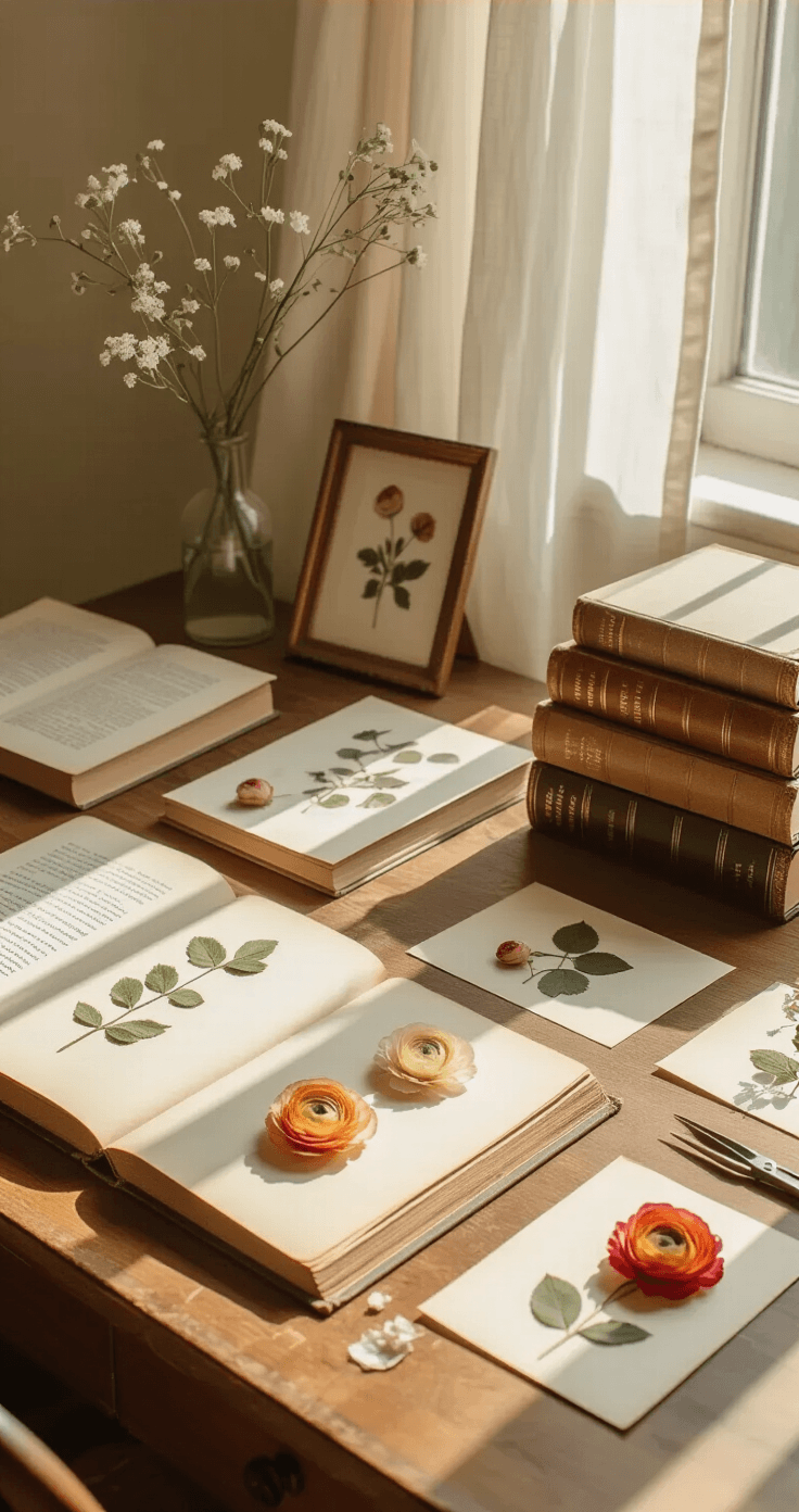 A sunlit minimalist home studio workspace featuring a wide oak writing desk adorned with pressed flower petals and ranunculus blooms between sheets of cream blotting paper in antique leather-bound books. To the right, a stack of heavy encyclopedias presses additional specimens. Nearby, small glass frames with dried botanicals, archival glue, and fine-tipped tweezers are scattered. The pale walls and linen curtain complete the serene, crafted atmosphere with warm, muted colors.