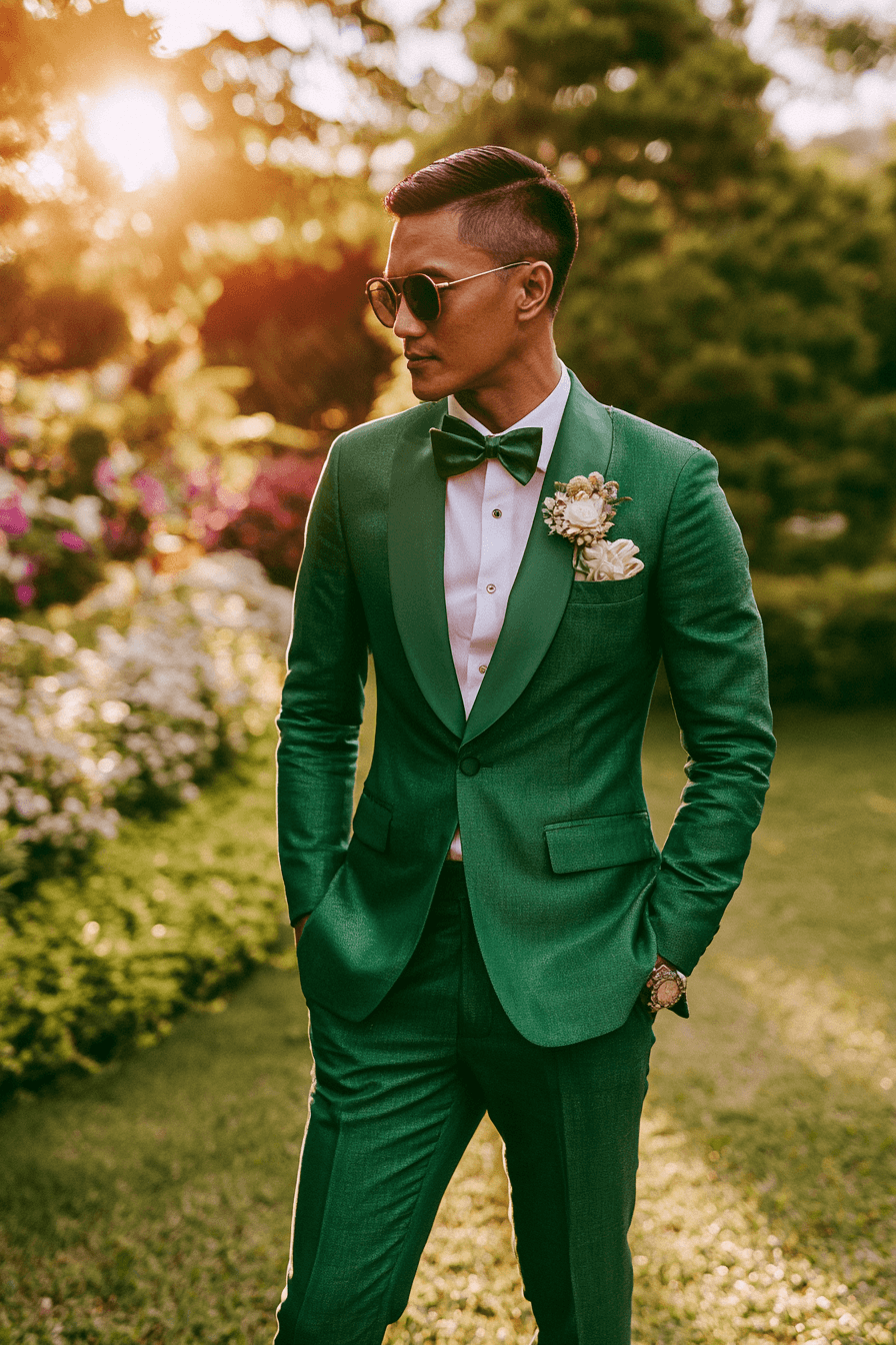 27 Stunning Green Tuxedo Wedding Ideas for a Stylish Groom