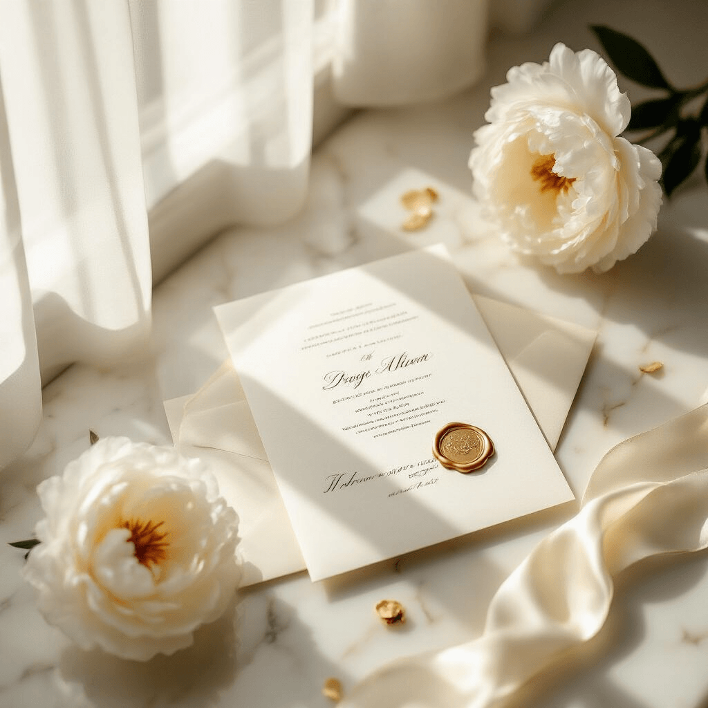 The Wedding Invitation Flat Lay That'll Make Your Heart Skip a Beat Elegant wedding invitation suite arranged on a cream marble surface, featuring soft morning light filtering through sheer curtains. Main invitation utilizing the rule of thirds, with RSVP card overlapping and envelope with calligraphy facing up. Includes a single white peony, gold wax seal, and ivory silk ribbon, all in a luxurious cream and gold color palette.