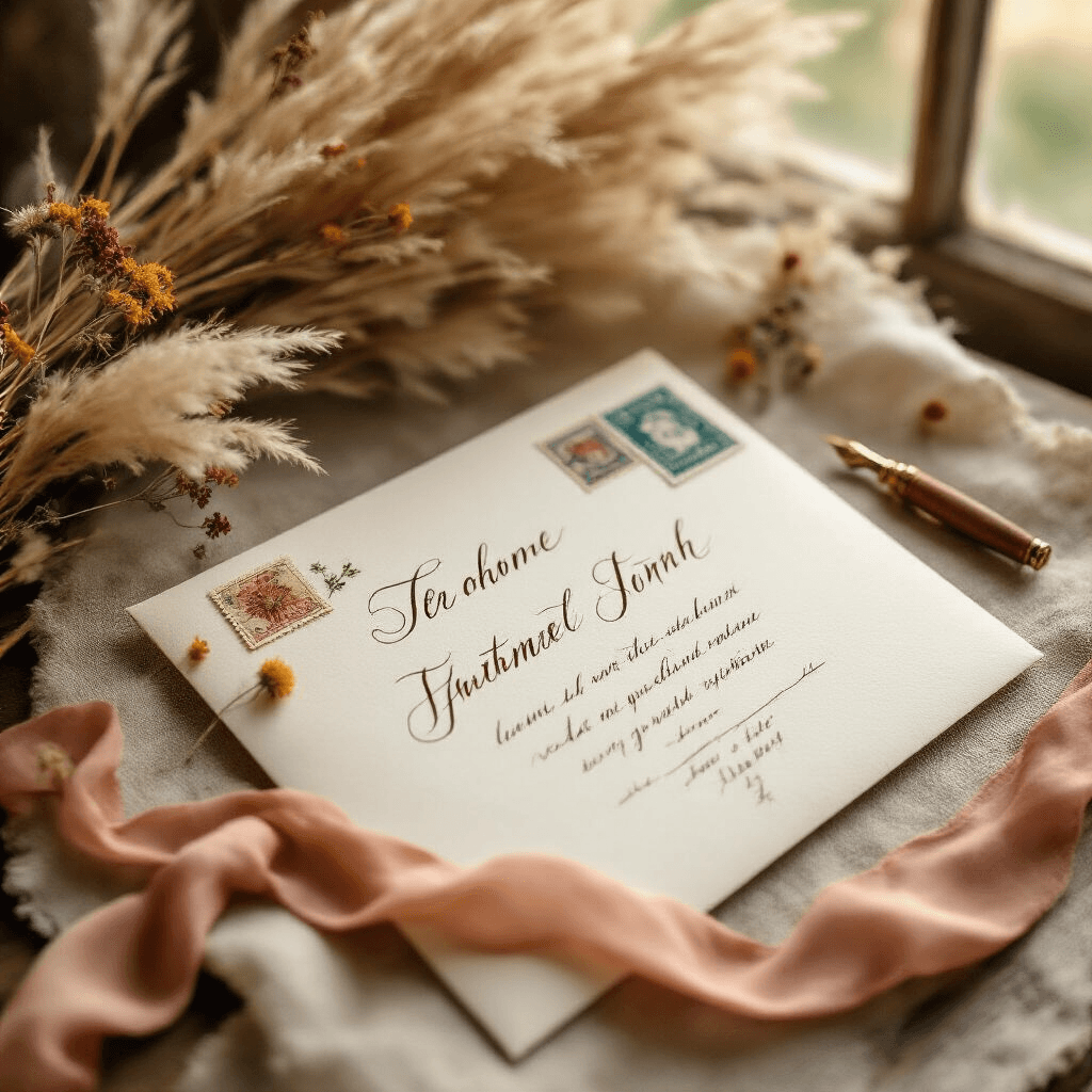 The Wedding Invitation Flat Lay That'll Make Your Heart Skip a Beat Intimate close-up of boho wedding stationery featuring a handwritten calligraphy invitation on raw linen, accented by dried pampas grass, pressed wildflowers, vintage postage stamps, and a dusty rose silk ribbon, all bathed in warm golden hour light.