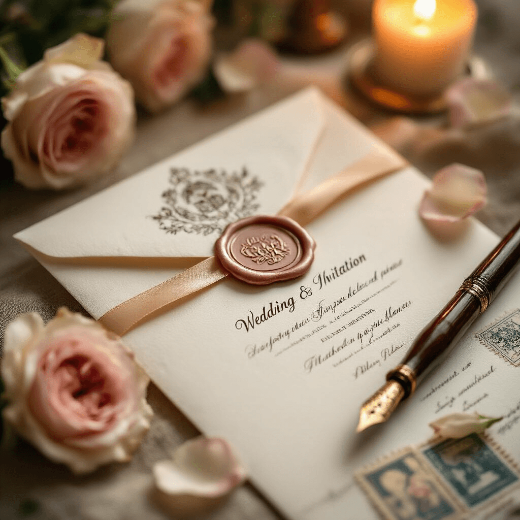 The Wedding Invitation Flat Lay That'll Make Your Heart Skip a Beat Whimsical macro shot of wedding invitation corner, featuring an intricate wax seal, vintage elements, and textured linen surface, with soft candlelight ambiance, blush pink garden roses, champagne gold silk ribbon, an antique fountain pen, vintage stamps, and a warm color palette, all captured in fine detail with shallow depth of field for a dreamy romantic effect.