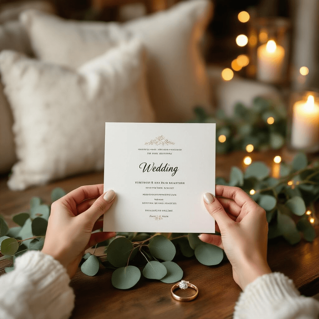 The Wedding Invitation Flat Lay That'll Make Your Heart Skip a Beat Bride's hands holding wedding invitation in cozy living room with fairy lights, soft pillows, and warm lamplight, featuring an elegant arrangement on a vintage wooden table with eucalyptus garland and an engagement ring.