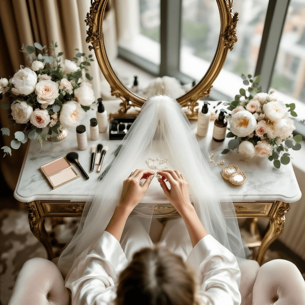 Your Complete Guide to Perfect Wedding Hair That'll Last Through Every "I Do" Moment A flat lay of an elegant bridal getting-ready scene in a luxurious hotel suite, featuring a vintage marble vanity with hair styling tools, pearl hair pins, and a cathedral veil, surrounded by fresh peonies and eucalyptus, silk white robes hanging, and soft morning light streaming through floor-to-ceiling windows.